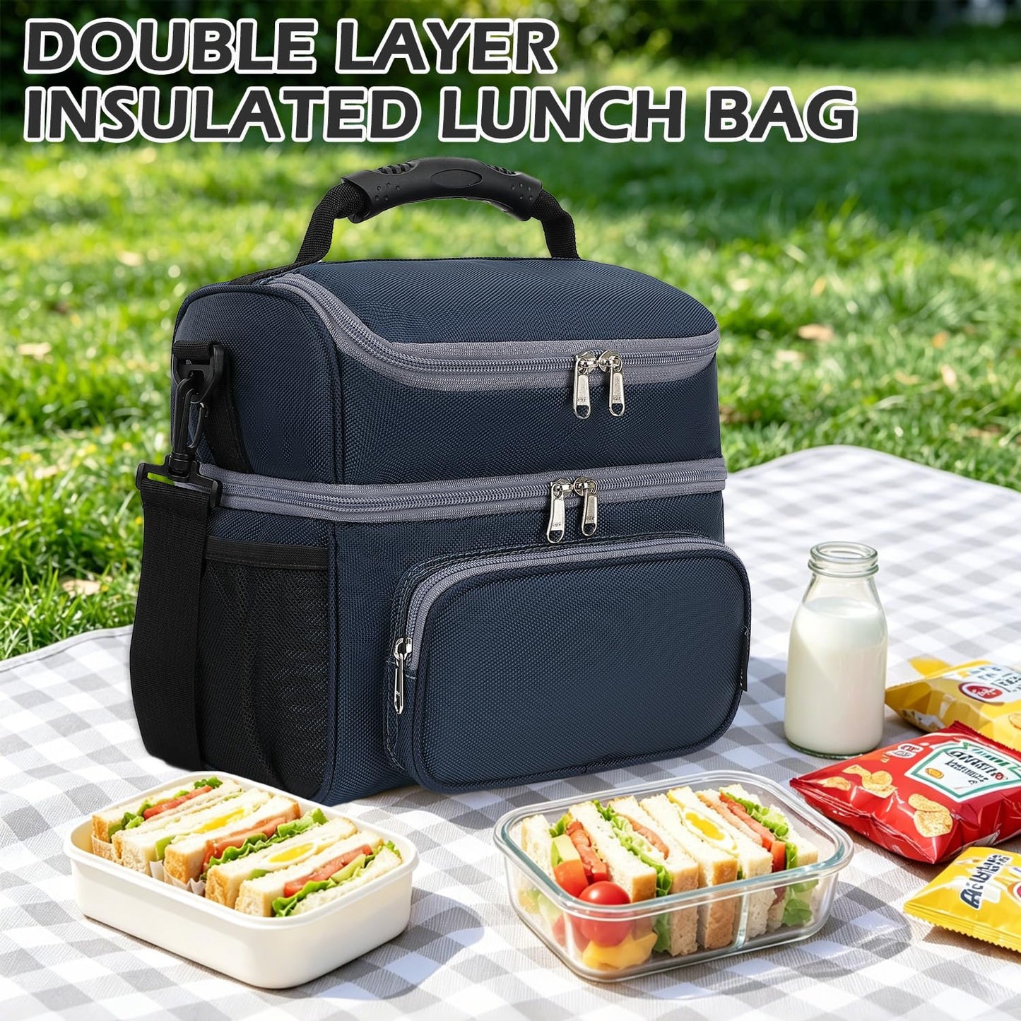 FlowFly Double Layer Cooler Insulated Lunch Bag Adult Lunch Box Large Tote Bag for Men, Women, With Adjustable Strap,Front Pocket and Dual Large Mesh Side Pockets,Cyan