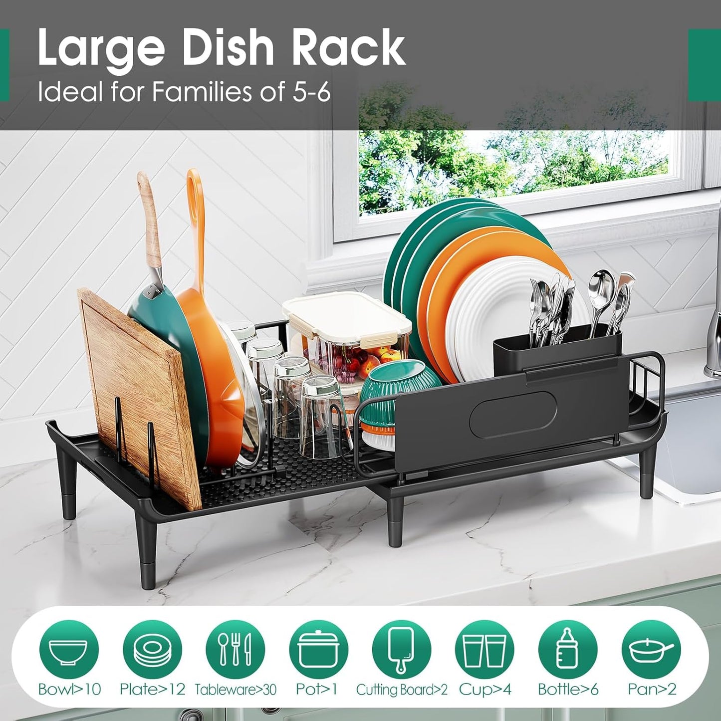Skiennix Large Extendable Dish Drying Rack - 16.93" to 26.57" Expandable Design with Multifunctional Drainboard