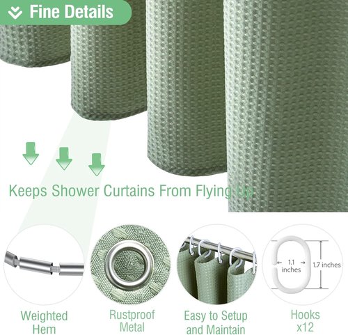 Dynamene Sage Green Shower Curtain - Luxury Waffle Textured Heavy Duty 256GSM Polyester | 72"x72" with Hooks