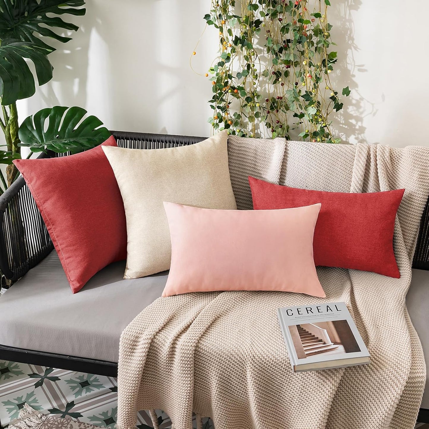 MIULEE Decorative Outdoor Throw Pillow Covers - Waterproof Faux Linen Cushion Cases | 16x16 Inch Light Pink (Pack of 2)