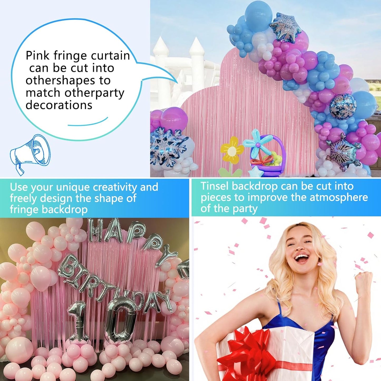 Skiennix Pastel Pink Birthday Party Backdrop - Foil Fringe Curtain 3.3x8.2ft | 2 Pack Streamers for Baby Showers & Bachelorette Parties