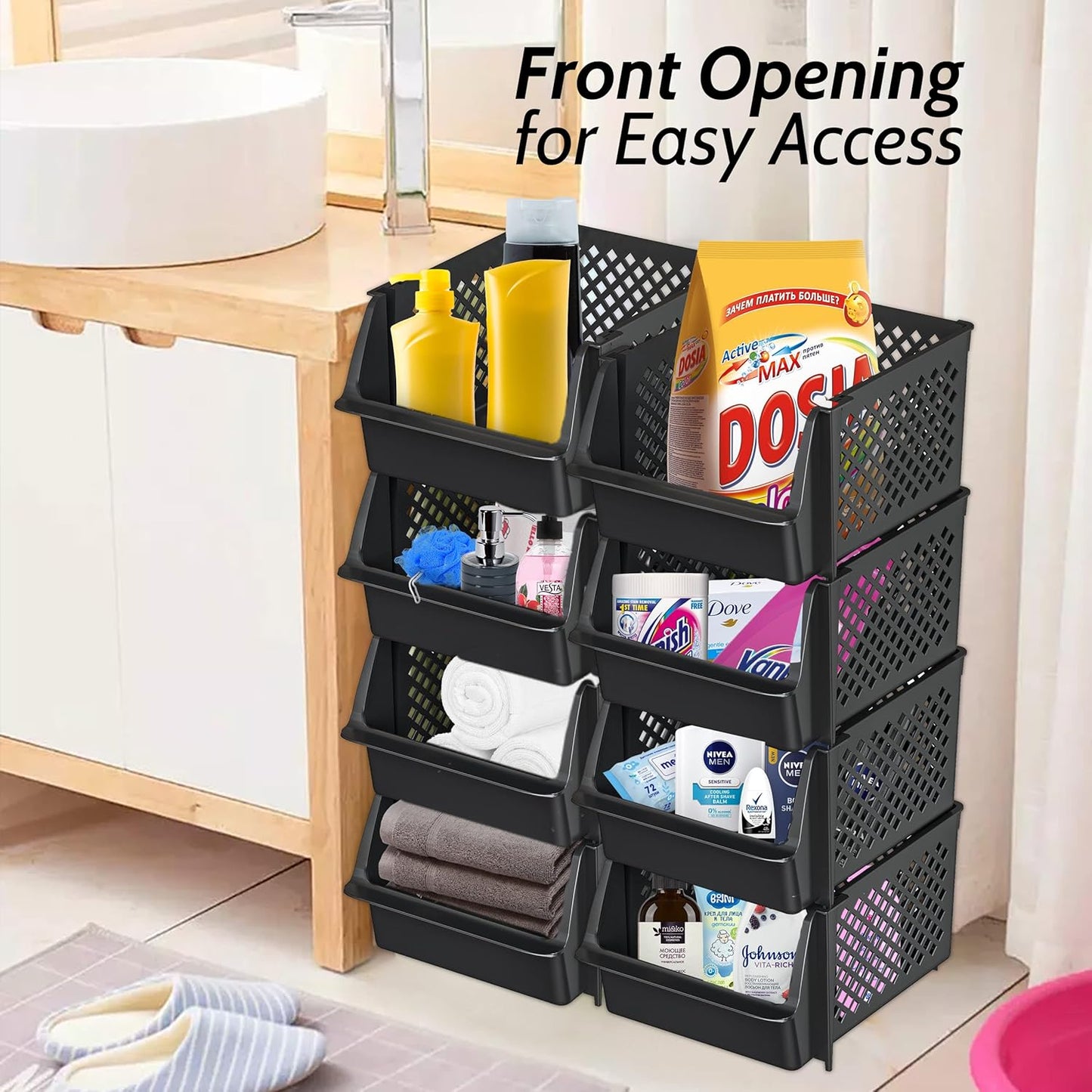 TidyFriend Stackable Storage Bins - Open Front Pantry Organizers for Kitchen & Home | 4-Pack (Black)
