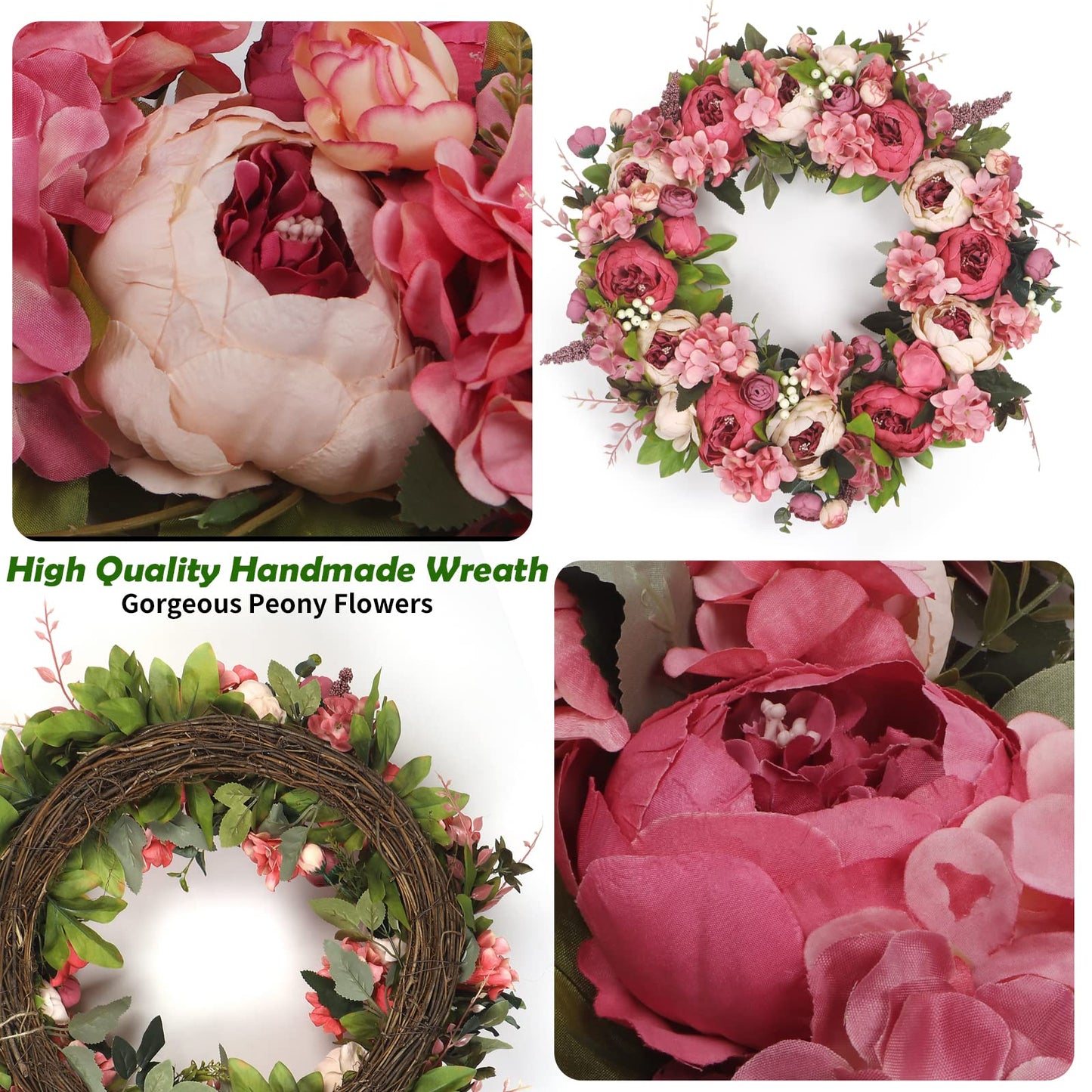 Wreath 26 Inches - Peony Flower Spring Wreaths for Front Door Outside - Summer Floral Bud Wreath -Handmade Door Wreaths,Pink&Purple&Green