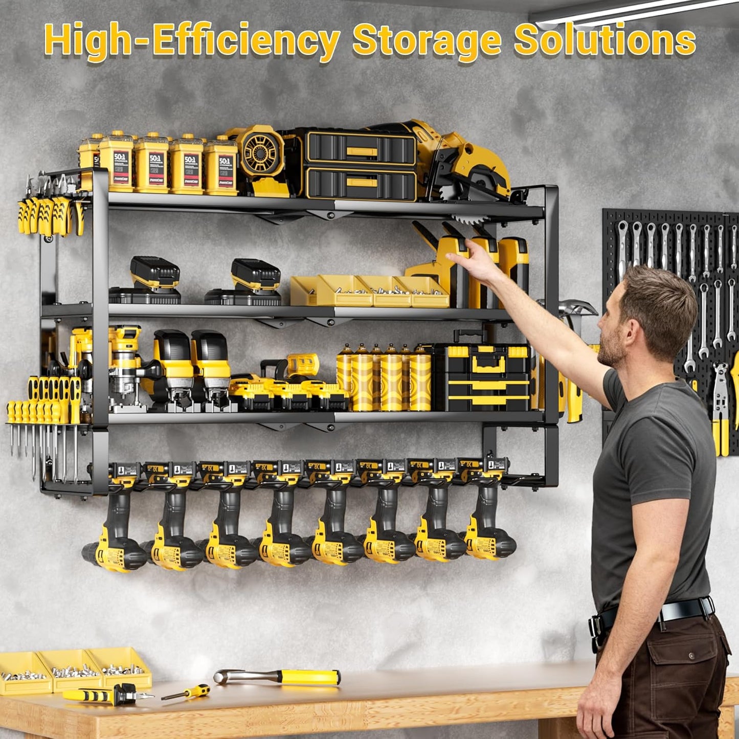 Skiennix Heavy Duty Power Tool Organizer - 4 Layers Wall Mount Rack with 8 Cordless Drill Holders | 400lbs Capacity