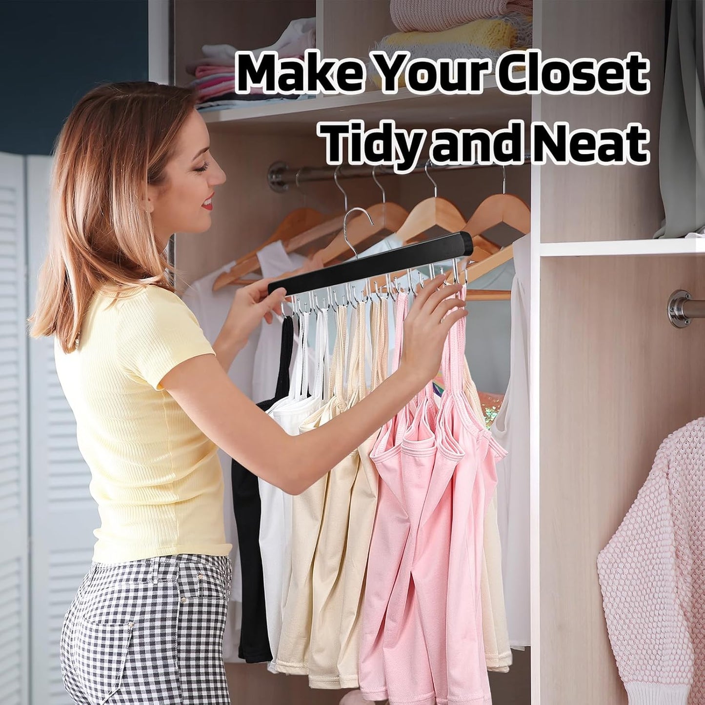 NECAMOCU Bra Hanger - Premium Wooden Closet Organizer with 36 Foldable Hooks | Space-Saving Design in Black