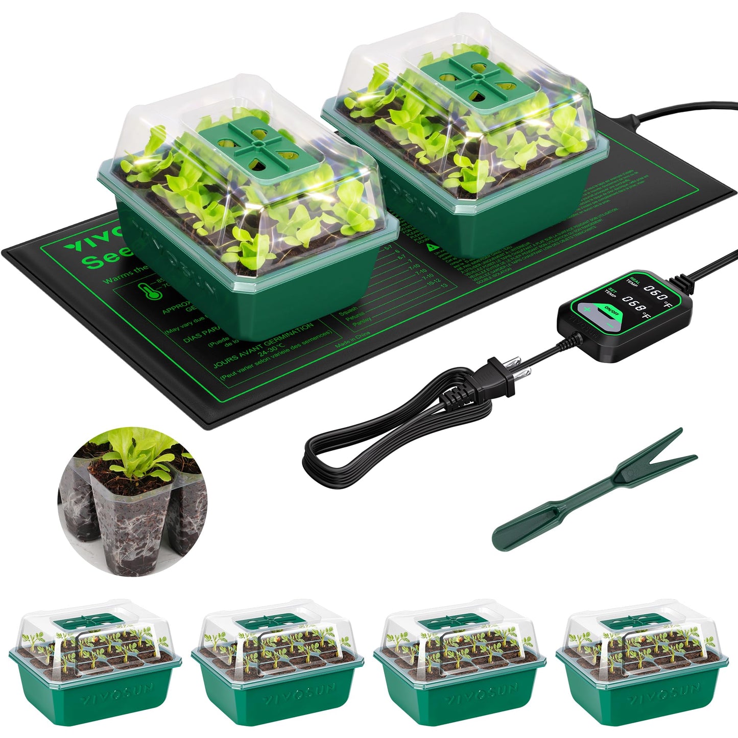 VIVOSUN 6-Pack Seed Starter Trays with 10"x20.75" Seedling Heat Mat, Self-Adjusting Dual Digital Display Temperature Controller, 72-Cell Seed Starter Kit with Humidity Dome, Reusable Propagation Trays