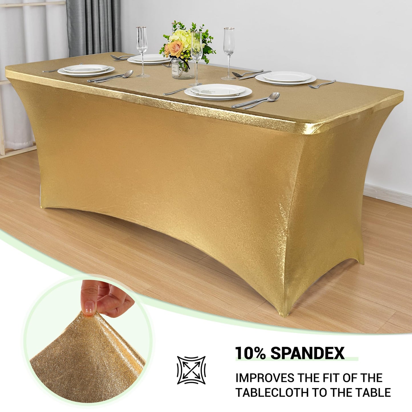 Obstal 6ft Stretch Spandex Table Cover for Standard Folding Tables - Universal Rectangular Fitted Tablecloth Protector for Wedding, Banquet, Party Stamping Gold, 72 Length x 30 Width x 30 Height Inch