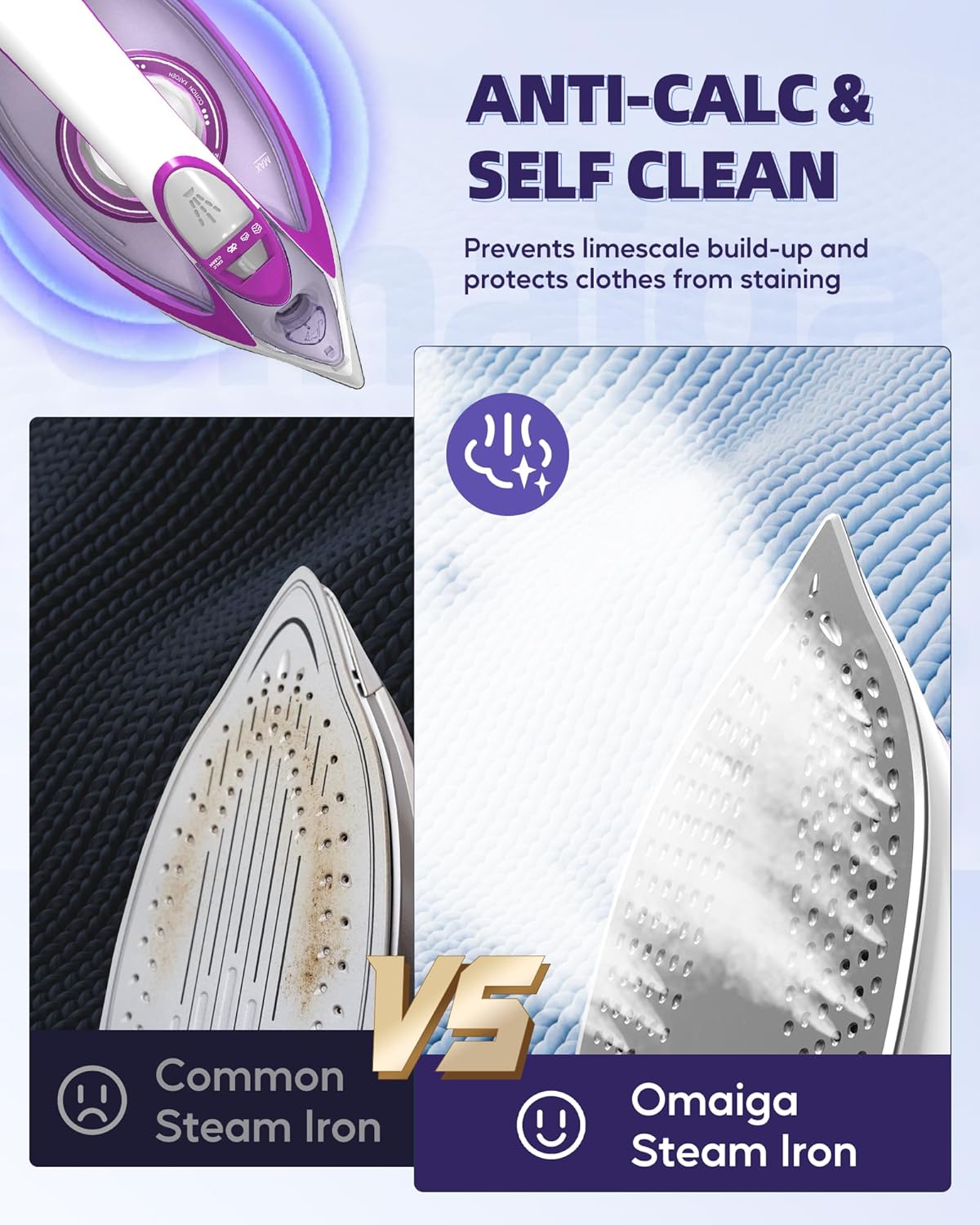 Omaiga Steam Iron - 1750W Fast Heating with Powerful Steam | 15.21oz Water Tank, Ceramic Soleplate