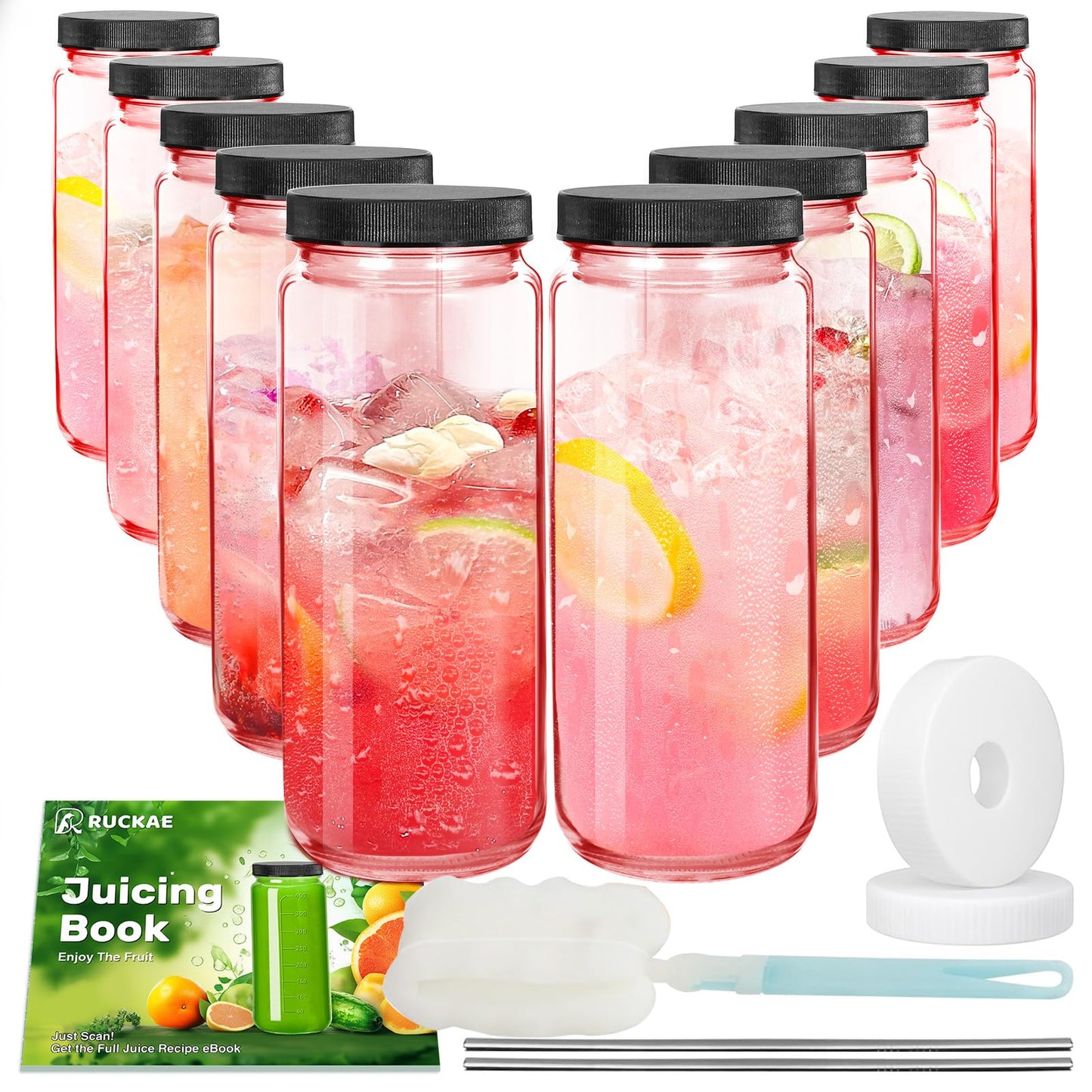 Ruckae Green 16oz 10 Pack Juice Bottles, Glass Bottles Juicing with Lids, Smoothie Cup Lids and Straws, Water Bottle Mason Jar Drinking Glasses for Juicing, Smoothies, Kombucha