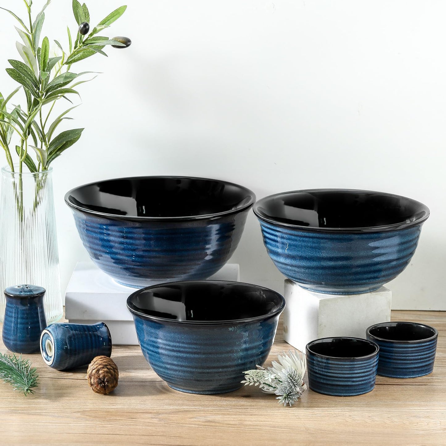 Tikooere Ceramic Mixing Bowls,Large Serving Bowls 2.1/1.5/1.0 Qt,Salad Bowls Set of 3 for Kitchen Space Saving Storage,Nesting Bowls for Popcorn,Soup,Fruit, Microwave & Dishwasher Safe,Navy Blue