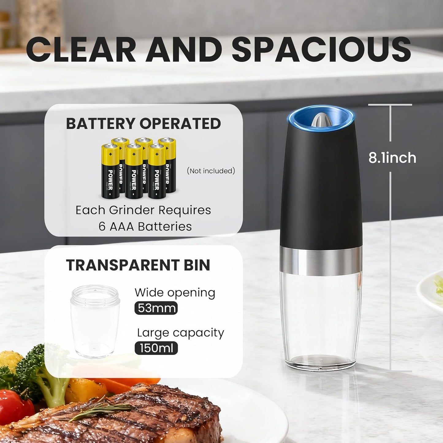 UNNEES Electric Salt and Pepper Grinder Set - Automatic, Adjustable Roughness, LED Light | 2 Pack (Black)