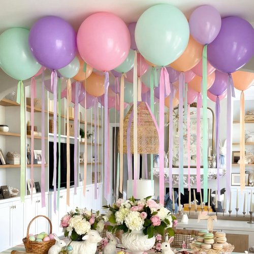 Hungdao 100 Pack Birthday Decorations Pastel Balloons 12 Inch Macaron Balloons with Satin Ribbon Round Rainbow Latex Balloon for Birthday Spring Wedding Bridal Shower Ceiling Party Decorations