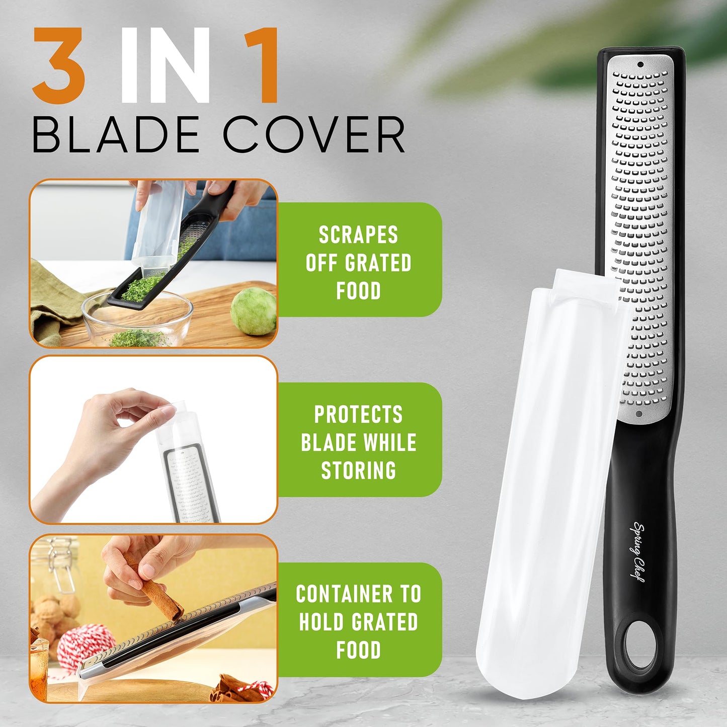 Spring Chef Premium Lemon Zester Grater with Handle - Ginger, Nutmeg, Garlic Grater - Heavy Duty Kitchen Tool - Stainless Steel Citrus Zester with Blade Cover - Fine & Coarse Shred, Set of 2, Black