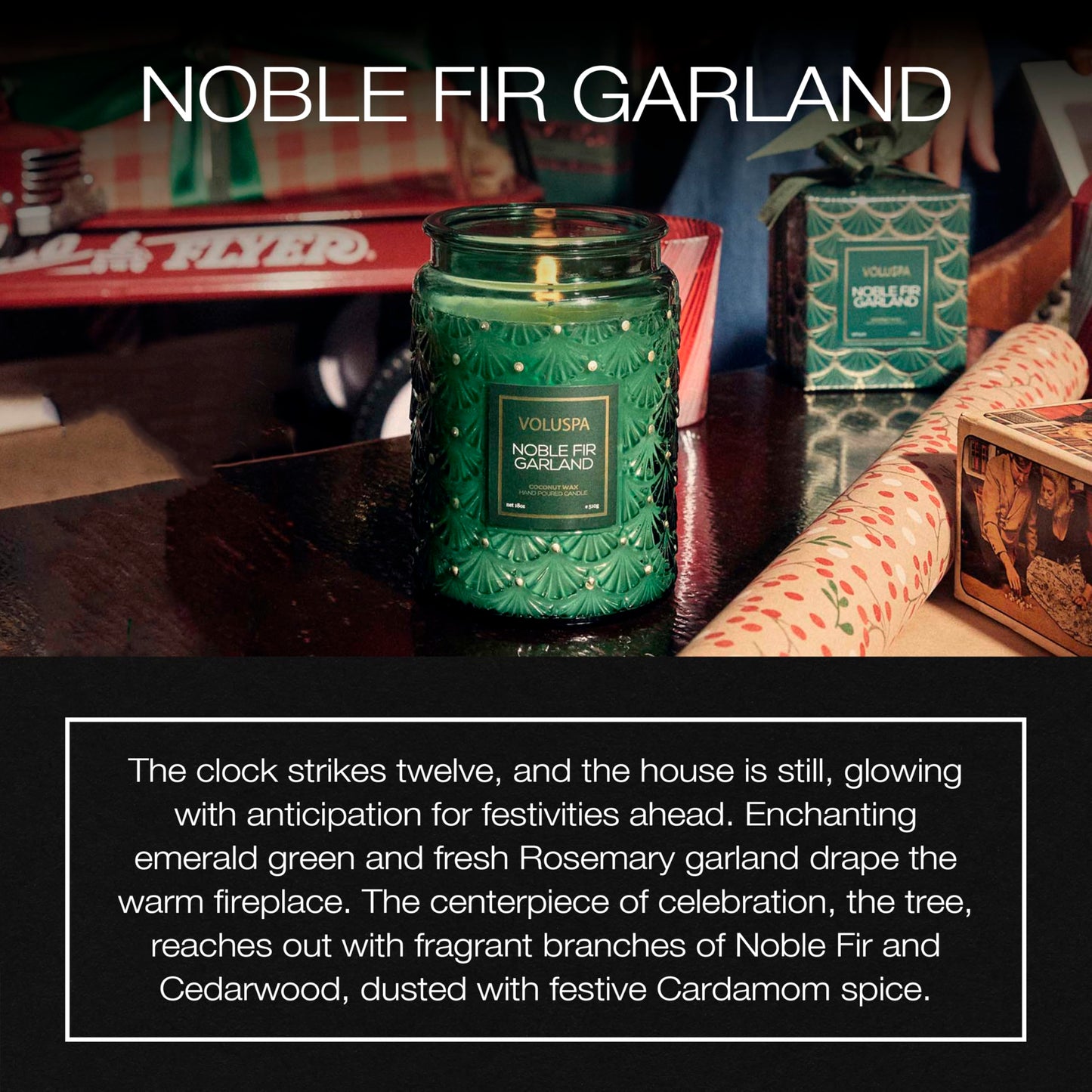 Voluspa Noble Fir Garland, Large Candle Jar, 18oz, Coconut Wax Blend, Christmas Scented Candles for Home, 100 Hour Burn Time, Handcrafted in The USA