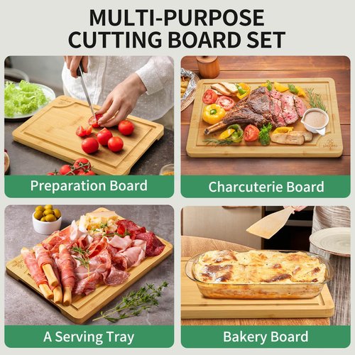 Bamboo Cutting Board Set for Kitchen - Chopping Board Set of 3 with Groove and Cutting Board Rack, Ideal for Bamboo Chopping Board Set for Chopping Meat, Vegetables, Fruits, Cheese