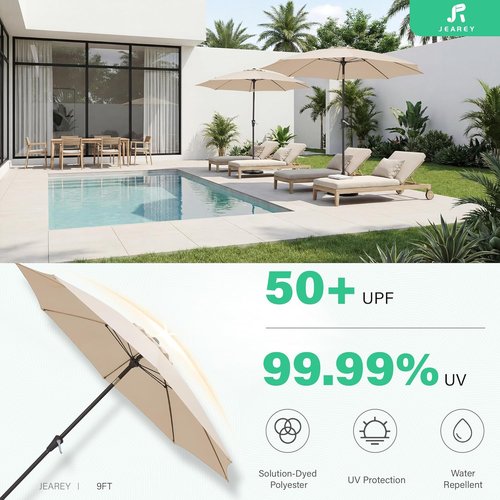 JEAREY 9FT Outdoor Patio Umbrella - Market Table Umbrella with Tilt & Crank | UV Protection, Beige
