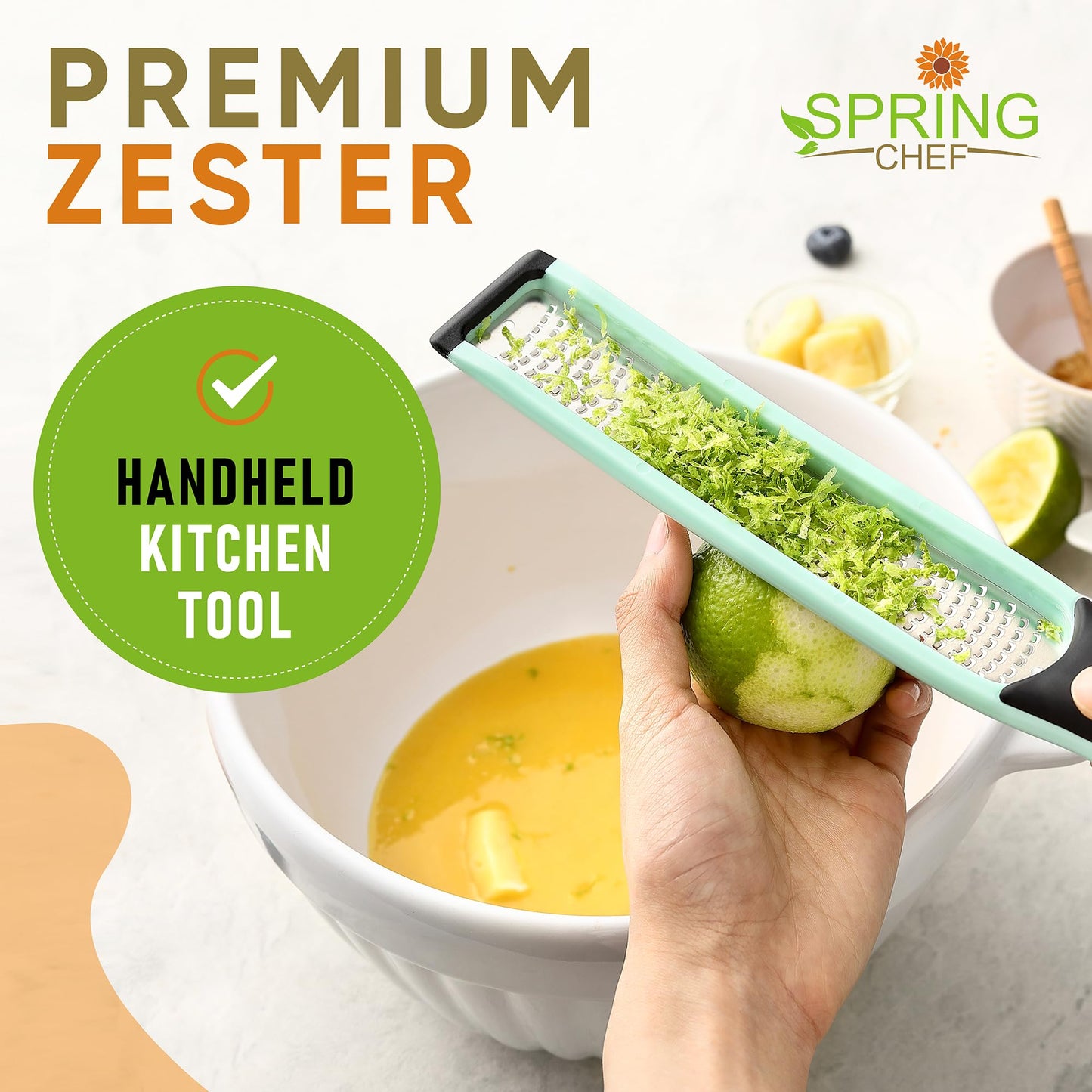 Spring Chef Premium Lemon Zester Grater with Handle - Fruit, Garlic, Lime, Orange, Nutmeg, Garlic Grater - Heavy Duty Kitchen Tool - Stainless Steel Citrus Zester with Blade Cover - Fine Shred, Mint