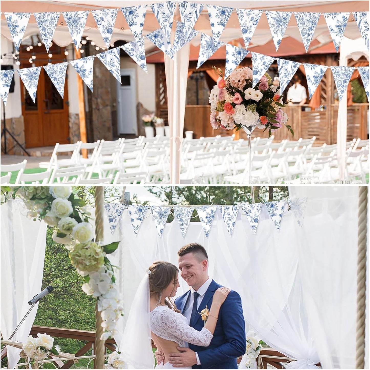 Skiennix Vintage Floral Paper Pennant Garland - 5 Pieces Blue & White Triangle Banner for Weddings & Showers