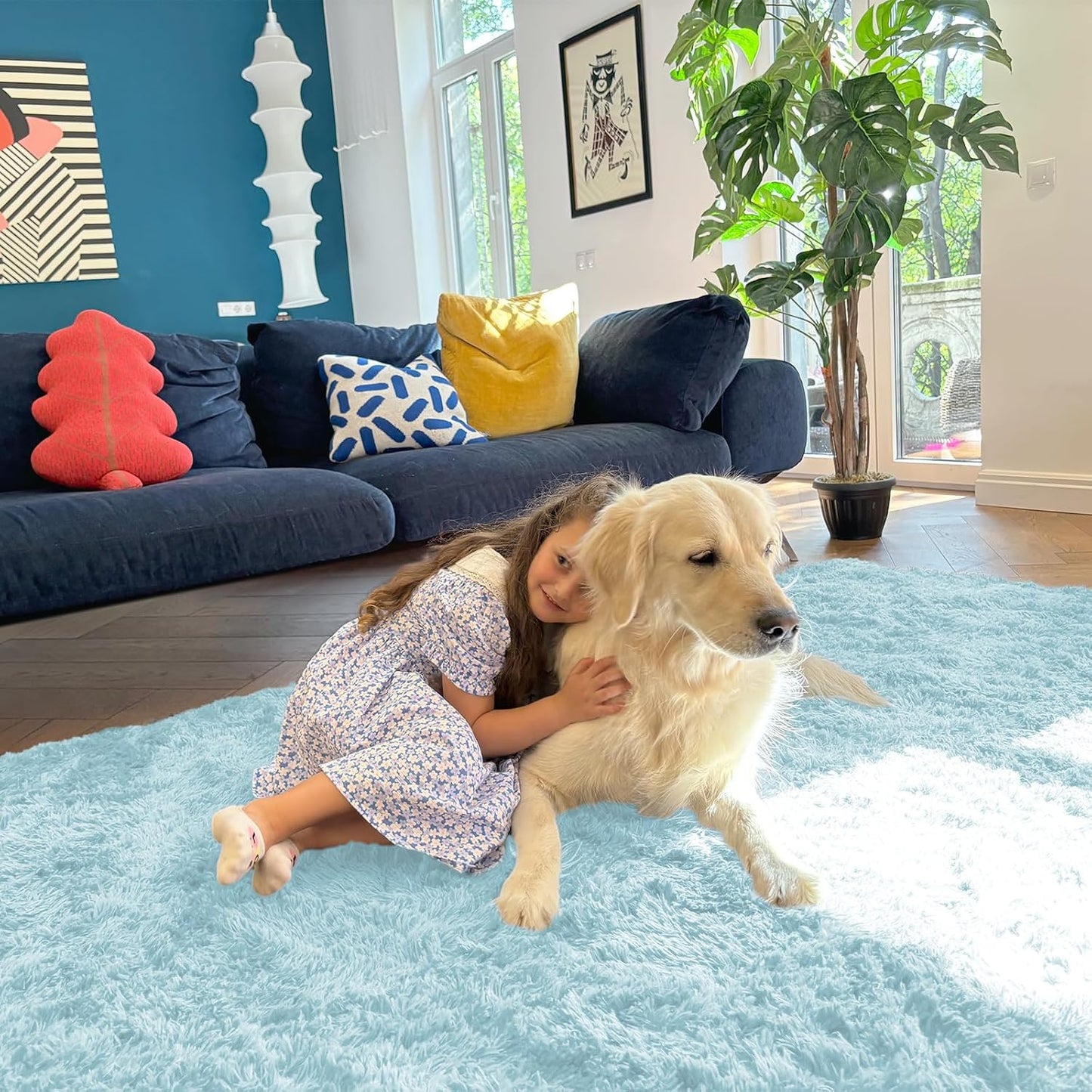 OLANLY 2x8 Soft Fluffy Runner Rug - Machine Washable Indoor Carpet for Bedroom & Hallway | Light Blue