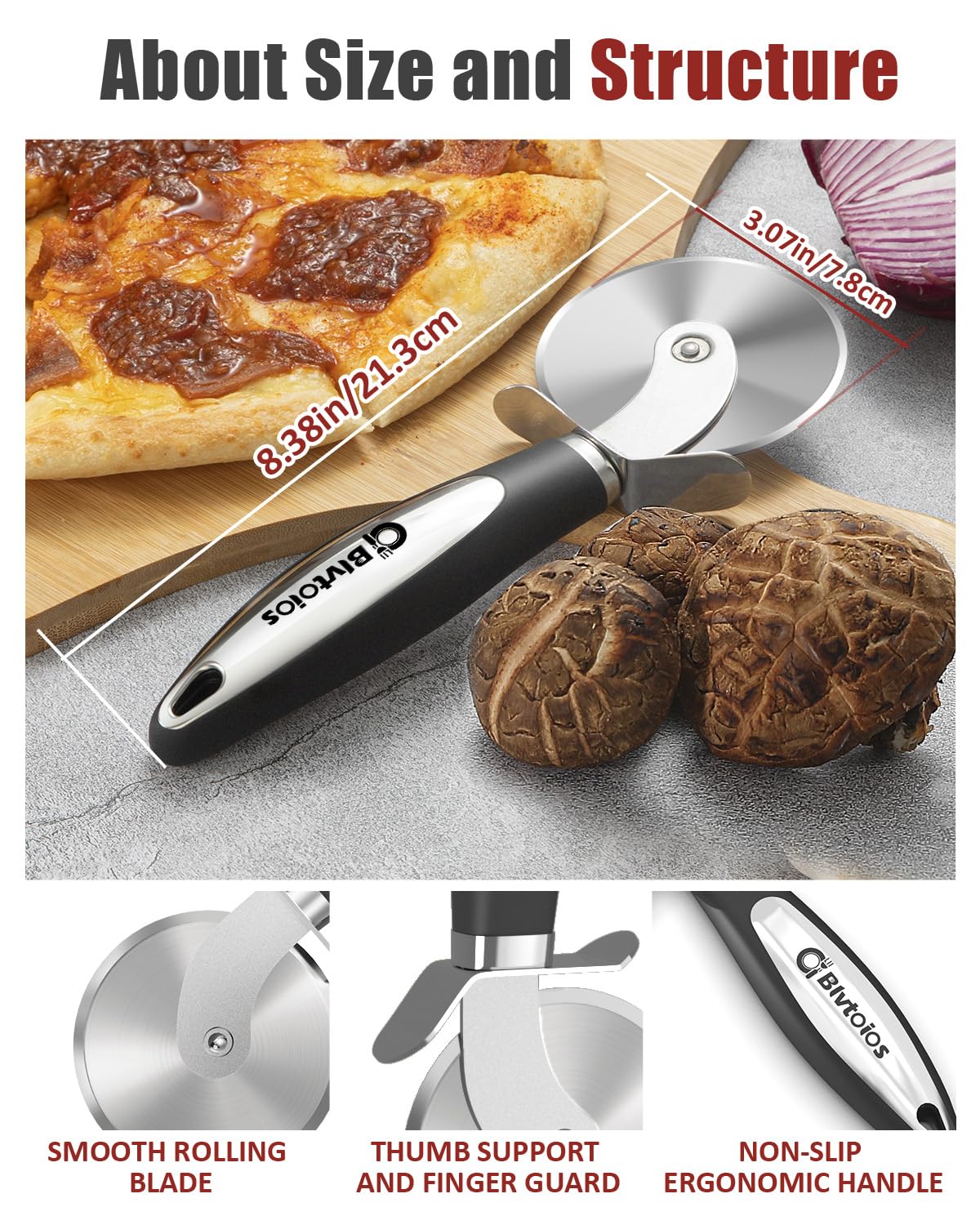 Blvtoios Premium Pizza Cutter, Multi-Purpose Stainless Steel Pizza Cutter Wheel with Non-Slip Soft Touch Handle, Perfect for Cutting Pizza, Dough and Pastry, Dishwasher Safe