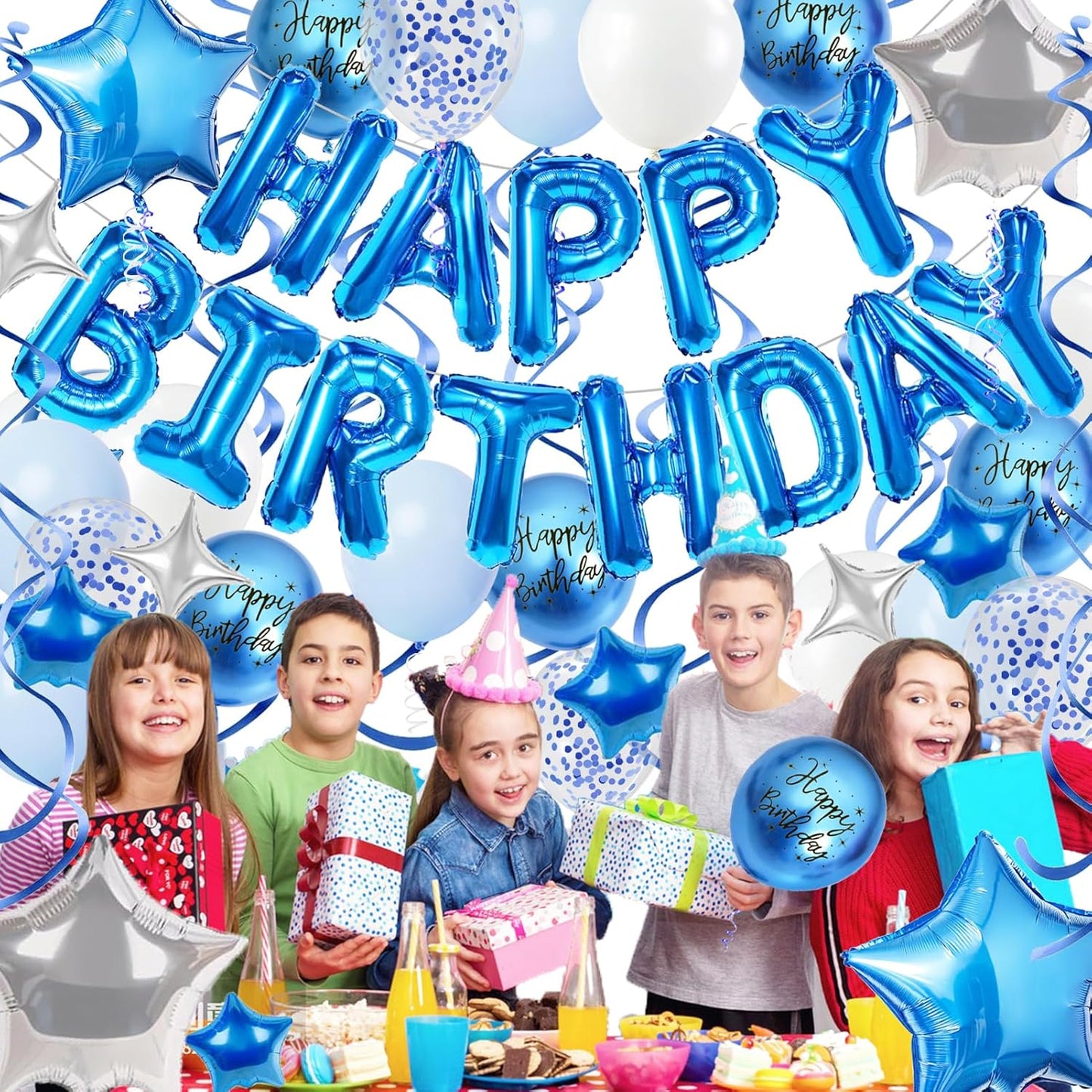 3D Foil Blue Happy Birthday Balloon Banner by [Brand Name] - Star Balloons & Confetti for All Ages