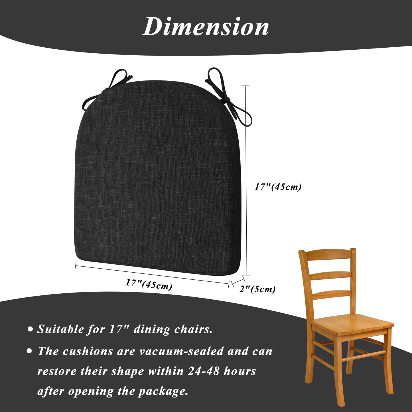 FlyGulls Chair Cushions for Dining Chairs 4 Pack Textured U-Shaped Kitchen Chair Cushions with Ties and Non-Slip Backing Indoor Chair Pads with Removable Cover (17"x17" Black)