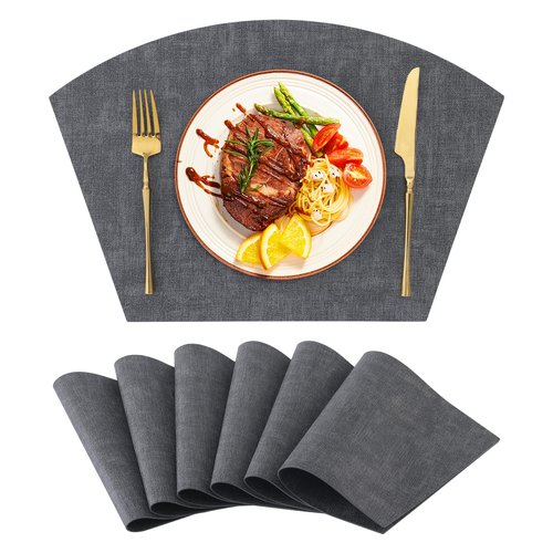Homaxy Round Table Placemats Set of 6, Washable Wedge Shaped Faux Leather Table Mats, Wipeable Kitchen Dinner Place Mats for Indoor Outdoor, Dark Grey