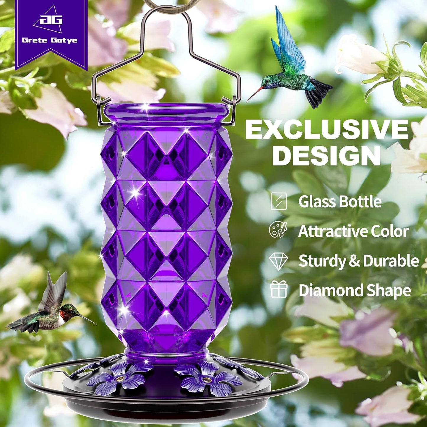 Skiennix Glass Hummingbird Feeder - 25 Ounce Leak-Proof Outdoor Nectar Feeder with 5 Flower Ports | Purple Garden Decor