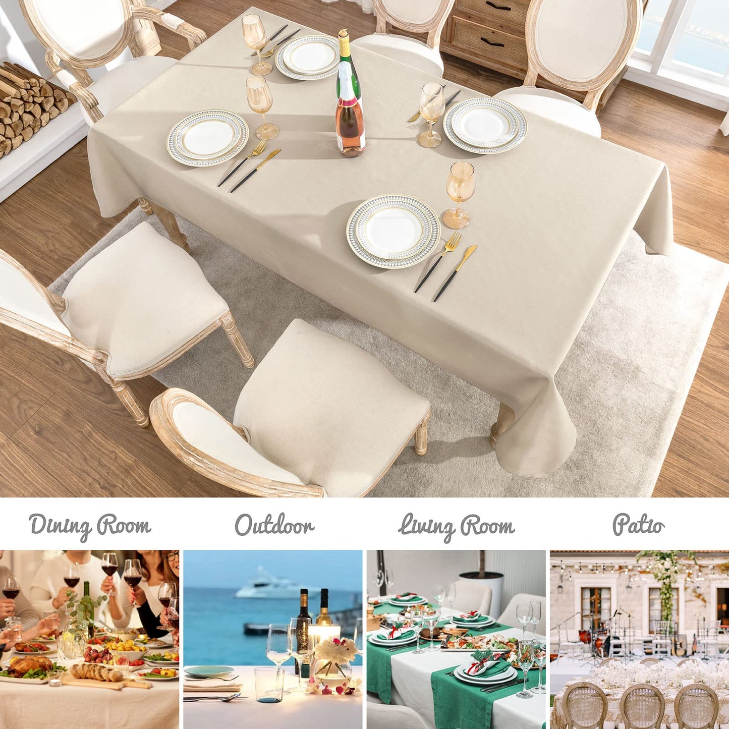 Veblandy Rectangle 8 Feet Tablecloth 60x120 inch Linen Textured Table Cloth Stain and Wrinkle Resistant Washable Polyester, Decorative Table Cover Waterproof for Dining, Buffet and Camping, Beige