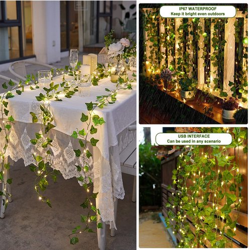 HXWEIYE 12 Pack Artificial Ivy Greenery Garland with 200LED Fairy Curtain String Light, Fake Hanging Plants Vines for Wedding Party Garden Greenery Decor Outdoor Indoor Wall Decoration