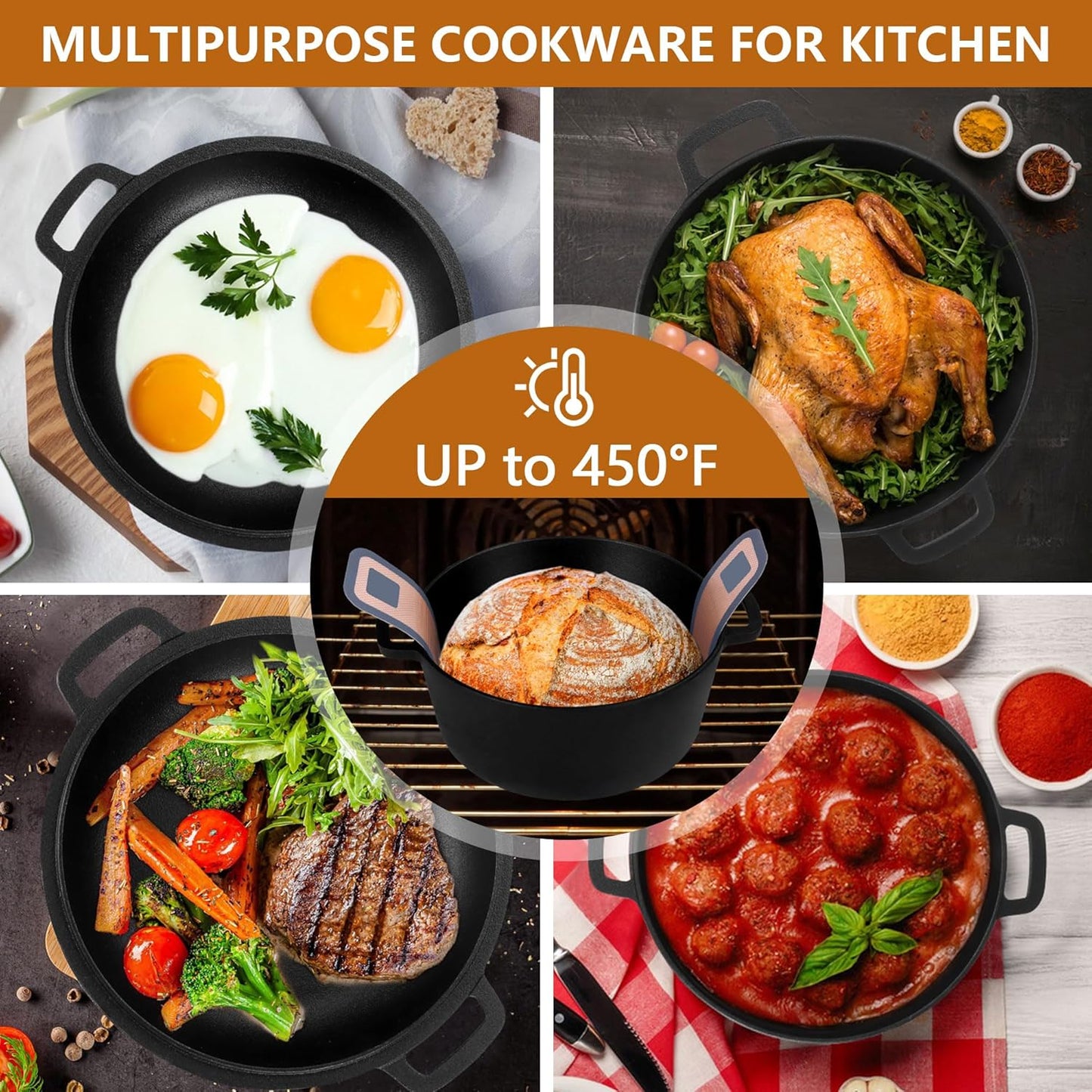 E-far 5 Quart Enameled Cast Iron Dutch Oven, 2 in 1 Dutch Oven Pot with Skillet Lid and Silicone Bread Sling, Ideal for Bread Baking, Cooking, Stewing, Frying, Induction & Oven Safe - Red