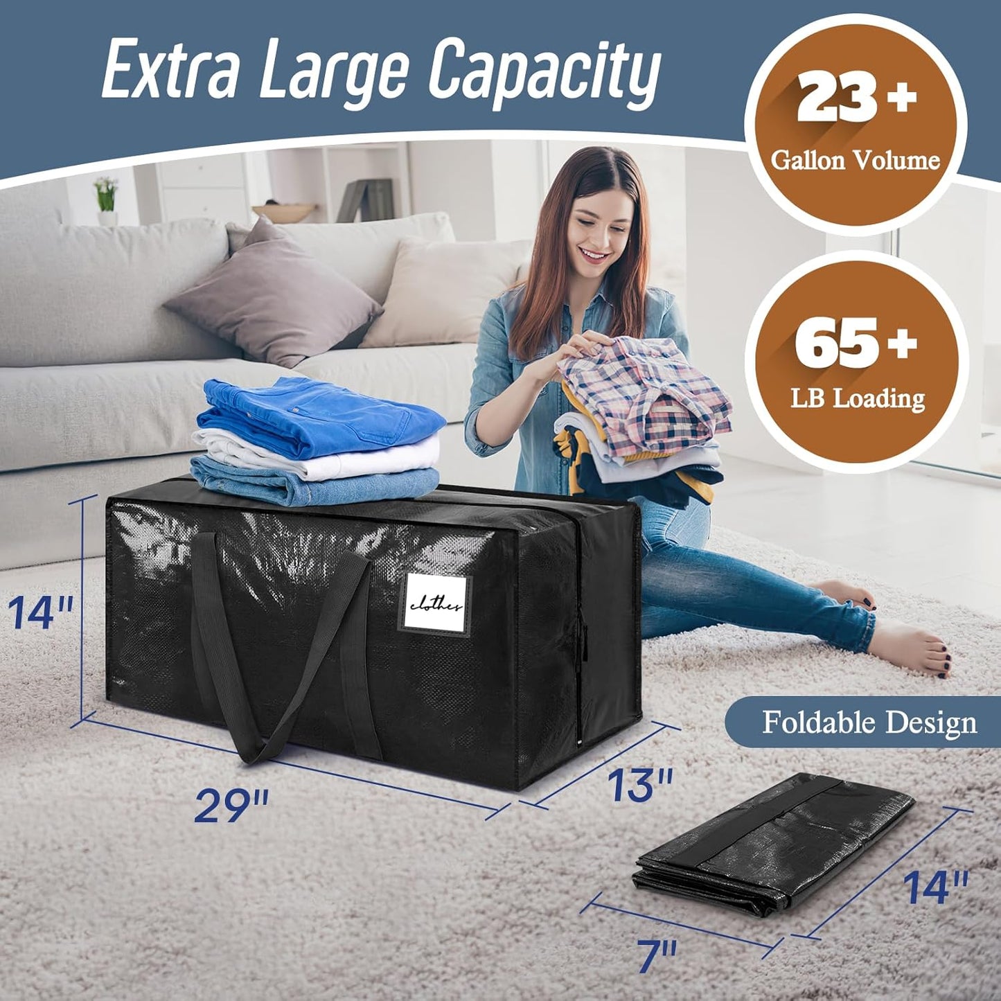 Skiennix Extra Heavy Duty Moving Bags - 6 Pack with Strong Zipper & Comfortable Handles | Durable Black Storage Totes