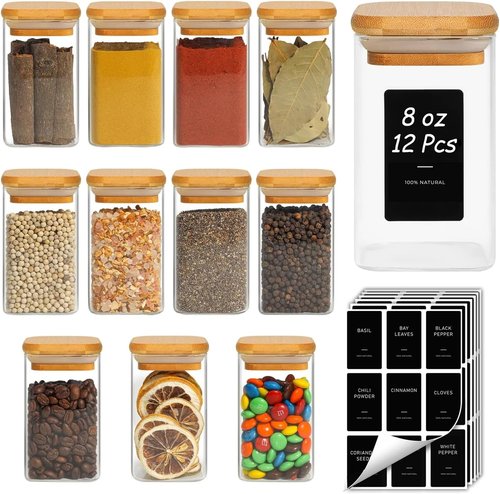 ComSaf 12Pcs Spice Jars - Airtight Glass Containers with Bamboo Lids & Labels | 8oz Square Design