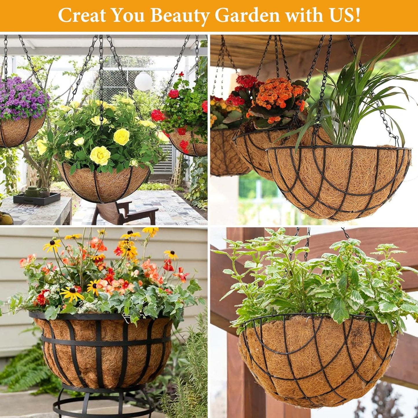 Legigo 8-Inch Coco Fiber Hanging Basket Liners - 4 Pack of 100% Natural Round Planter Inserts