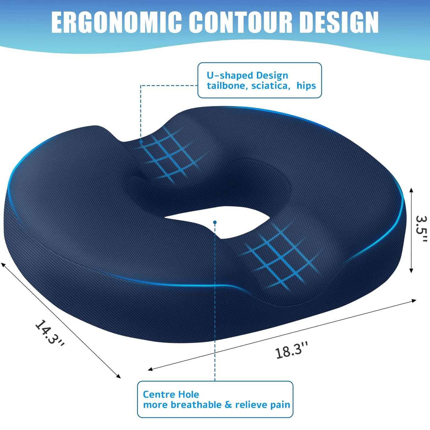 BlissTrends Donut Pillow Seat Cushion, Donut Chair Cushions for Postpartum Pregnancy & Hemorrhoids, Tailbone Pain Relief Cushion, Memory Foam Lifting Cushions for Office & Home Chairs (Blue, X-Large)