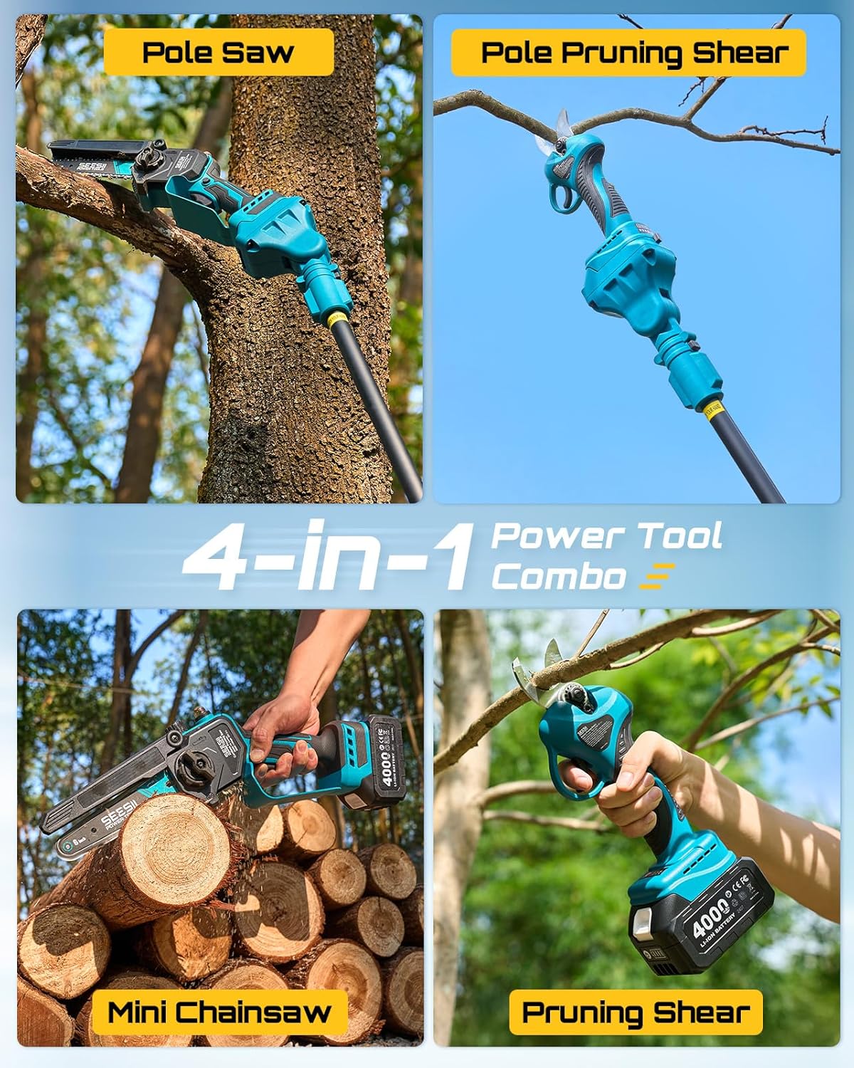 SEESII 4-in-1 Pole Saw & Pruning Shears Kit - 6-Inch Mini Chainsaw for Tree Trimming | Battery Powered with 2 x 4000mAh Batteries