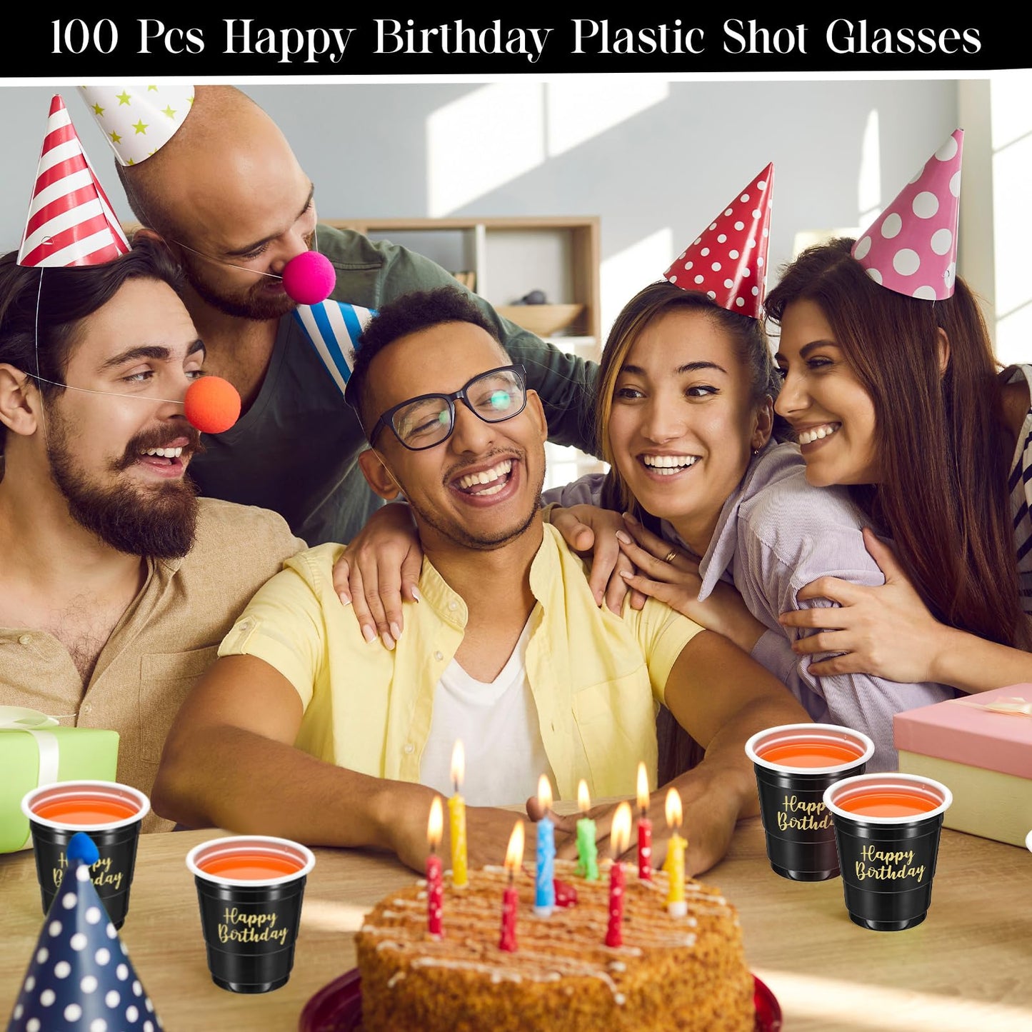 Layhit 100 Pcs Happy Birthday Plastic Shot Glasses 2oz Disposable Shot Cups for Party Mini Drinking Cups for Birthday Wedding Party Favors Tasting Serving Snacks Samples(Black)