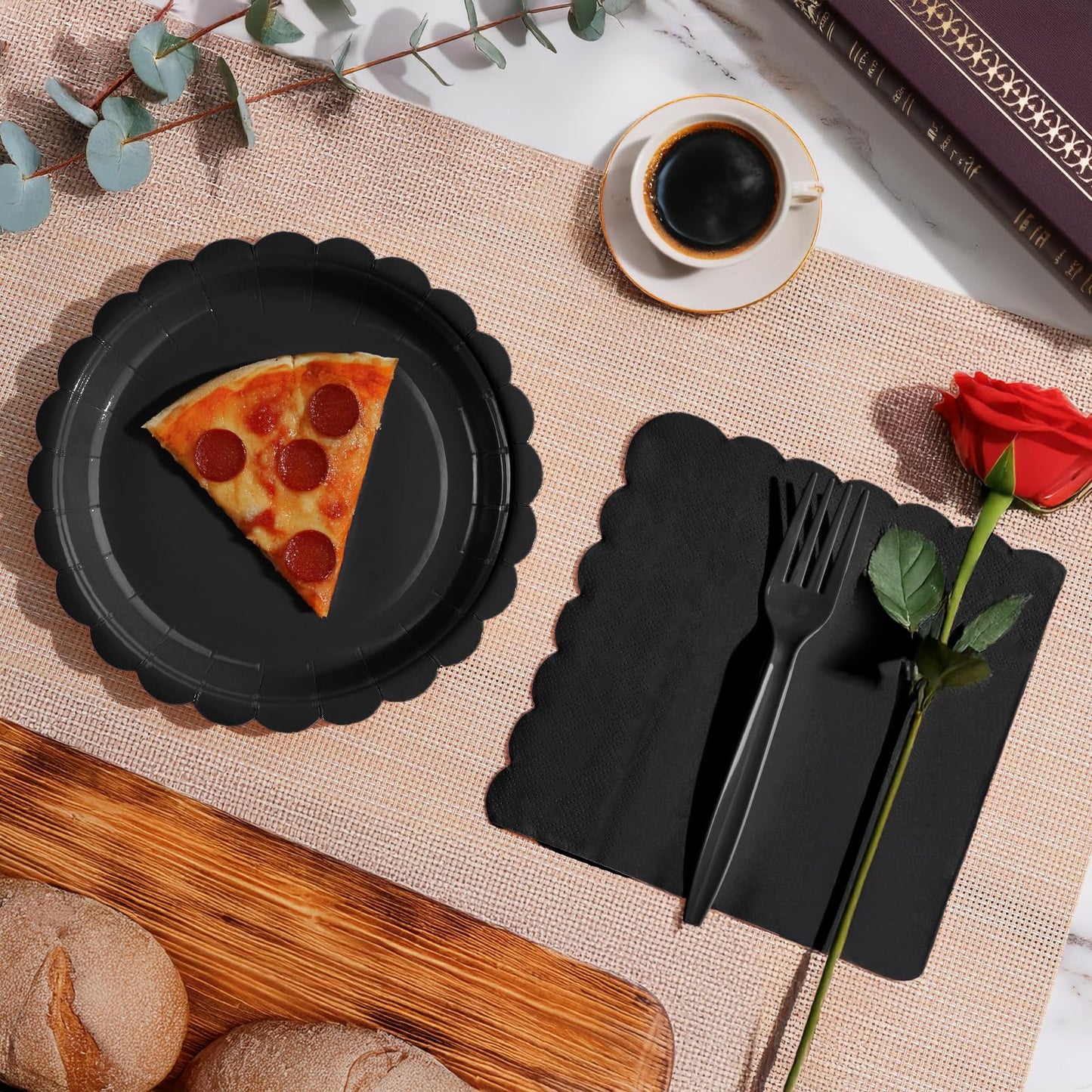 Tyzarglef 105PCS Paper Plates and Napkins Set,7 Inch Scalloped Disposable Tableware with Forks for Birthdays, Garden Parties & Outdoor Events,Serves 35 (Black)