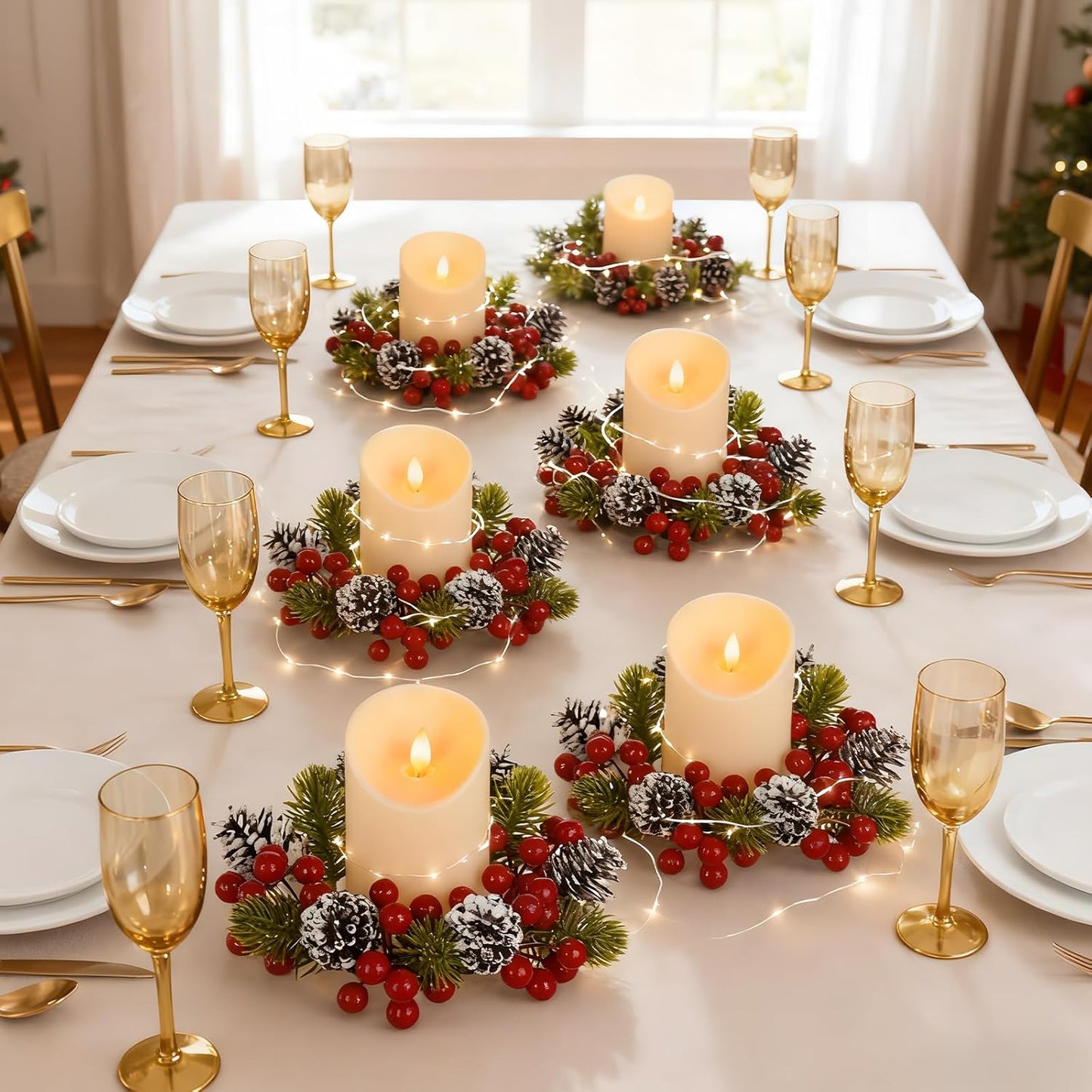 Regine Switzerland Christmas Candle Ring Set - 6 Pcs with Pine Cones, Red Berries & Green Leaves for Pillar Candle Holders | Festive Table Centerpiece Decor