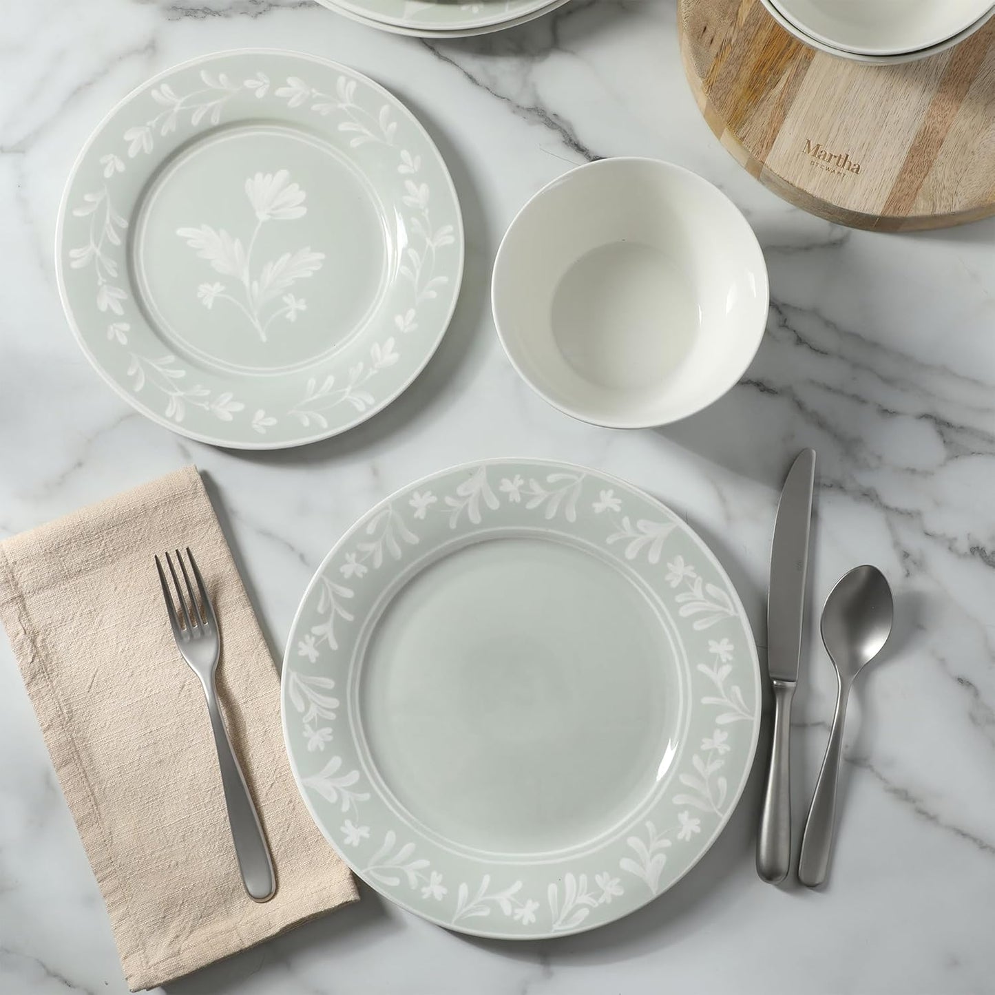 Martha Stewart Dinnerware Set - Maiden Crown 12-Piece Sage Green Dish Set | Floral Design, Microwave & Dishwasher Safe