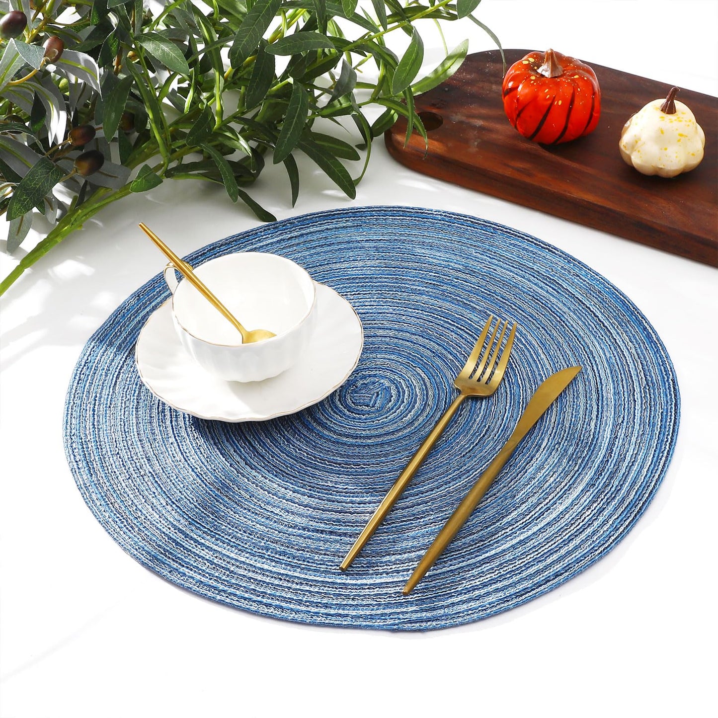 SHACOS Round Braided Placemats Set of 12 Circle Place Mats Cotton Polyester Kitchen Table Mats for Dining Table Wedding Party Decor (Blue Gray, 12)