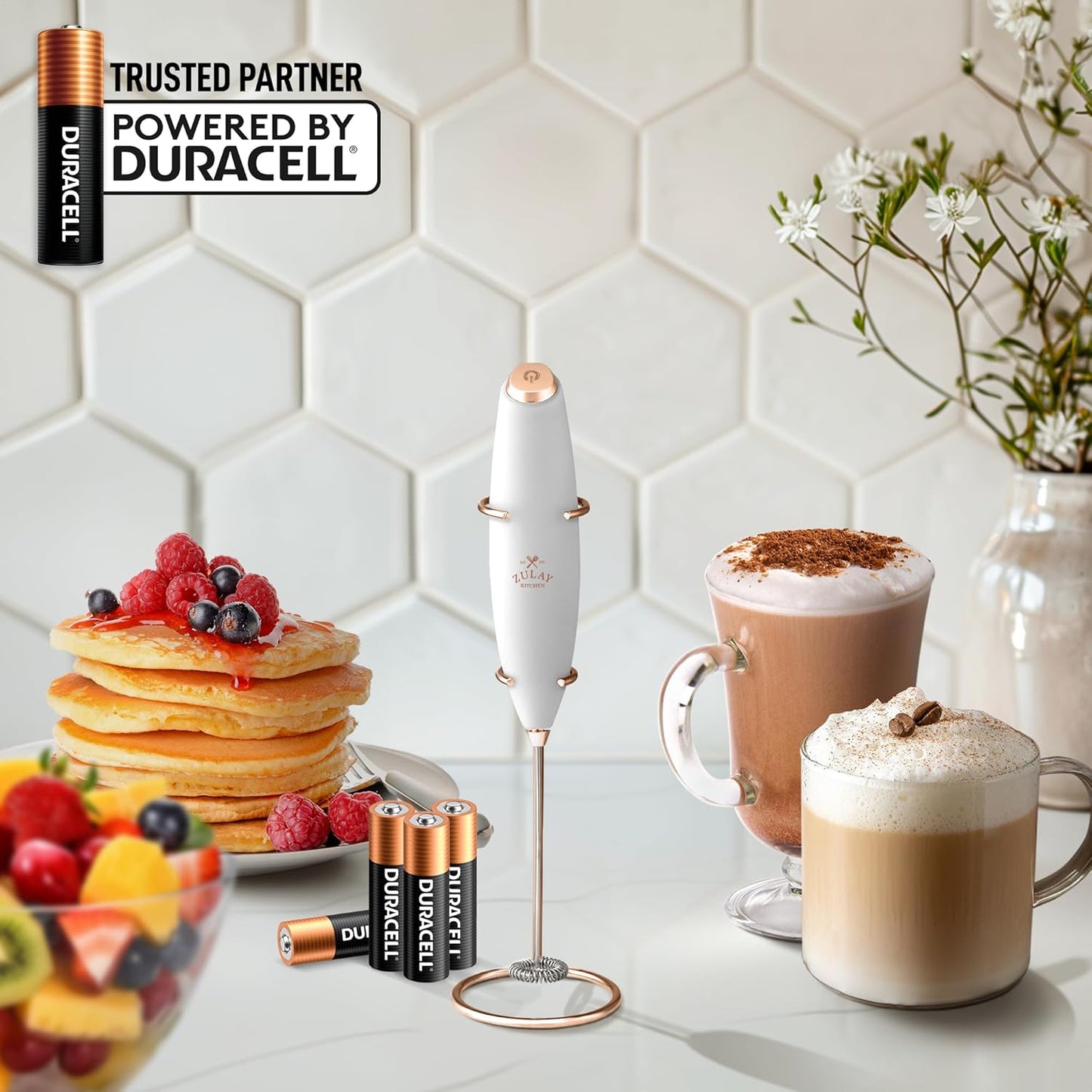 Zulay Kitchen Milk Frother Wand - Ultra-Fast Handheld Electric Whisk for Coffee, Lattes & More | White & Rose Gold