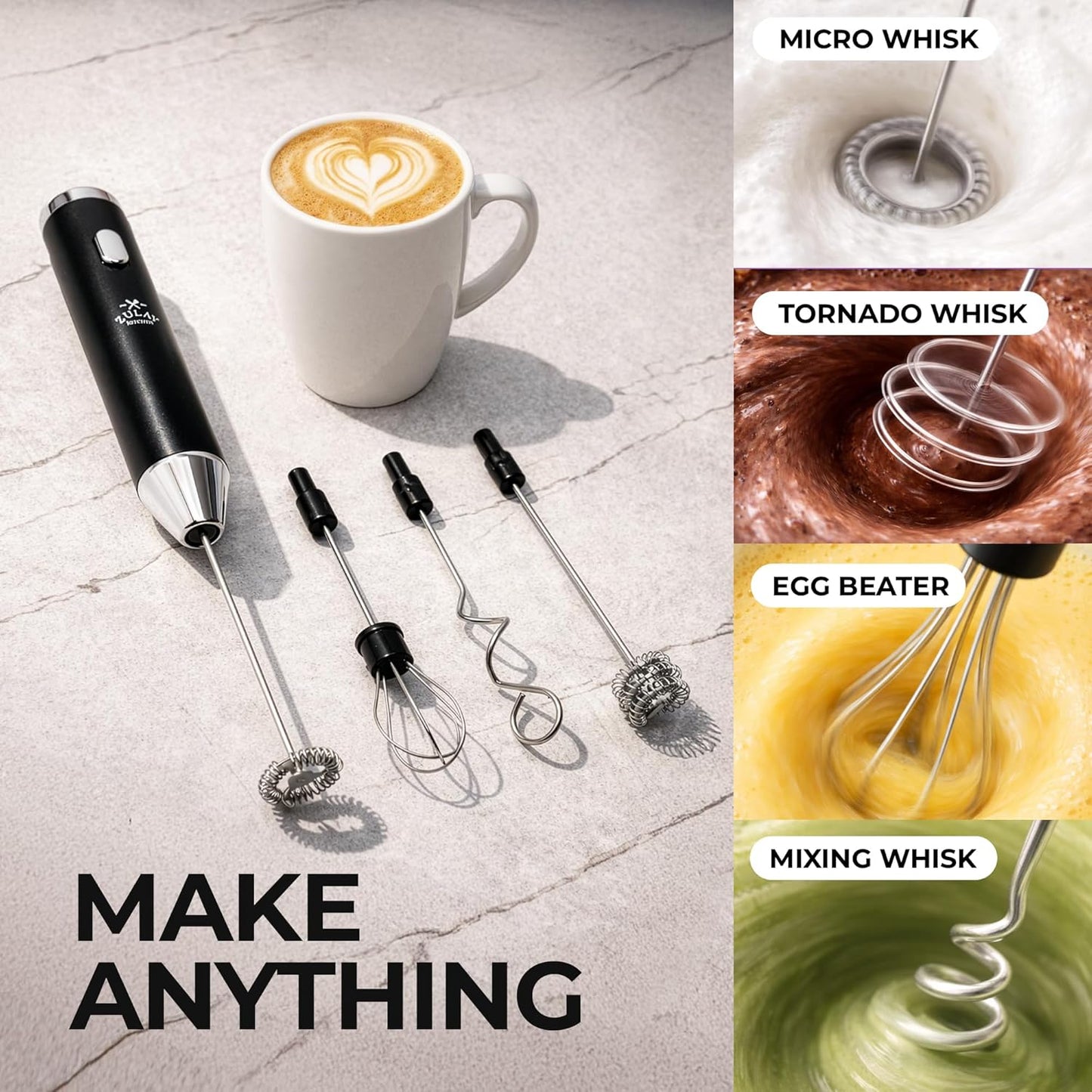 Zulay Kitchen Rechargeable Milk Frother - Handheld Electric Mixer with 3 Whisk Attachments | USB-C Charging, Lasts Up to 6 Months