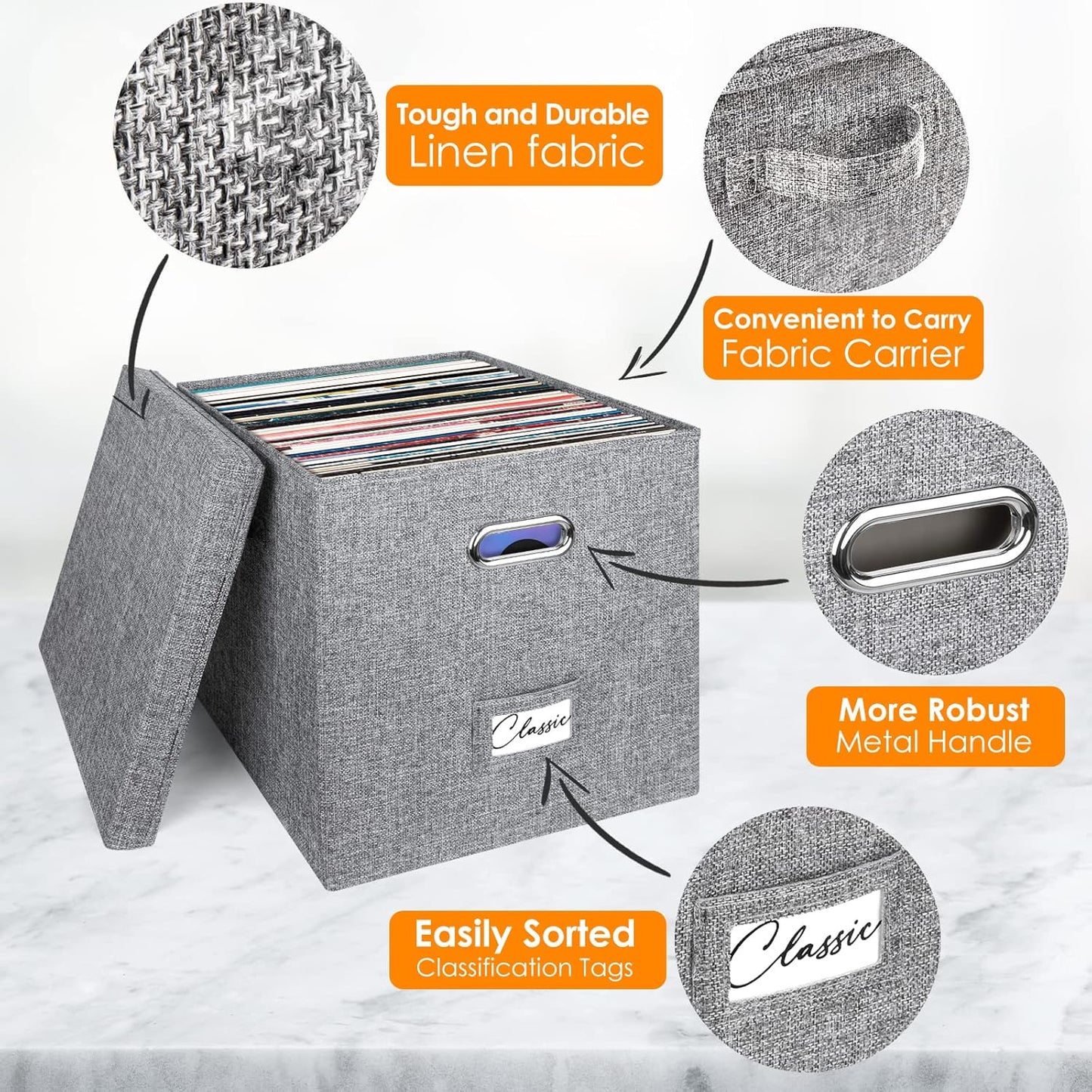 Skiennix Vinyl Record Storage Box - Stackable 12-Inch LP Crate with Lid & Handle for 50+ Albums