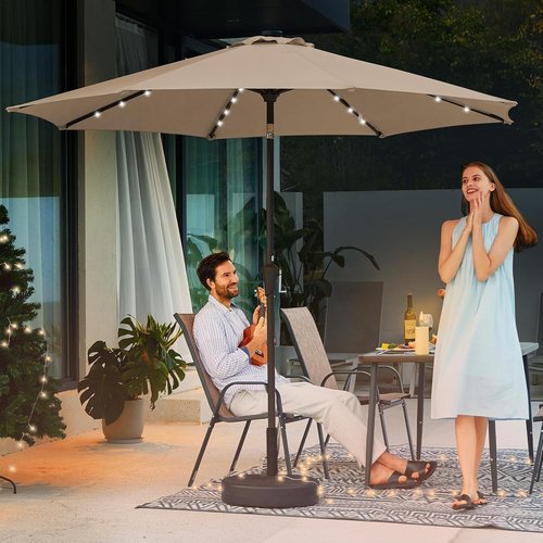 JEAREY 9FT Outdoor Patio Umbrella - LED Lighted with Solar Lights, Tilt & Crank for Deck, Yard & Market (Beige)