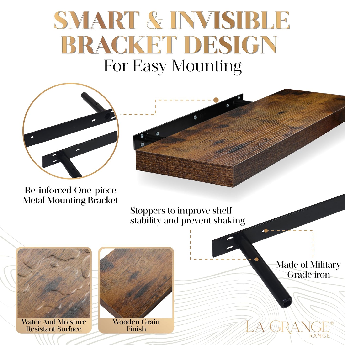 LA GRANGE RANGE® 23.6" Floating Shelves for Wall, 2X Pack, Wall Shelves for Storage & Décor, Perfect for Bathroom, Bedroom, Kitchen, Living Room, Natural Wood Finish with Hidden Bracket - Toasty Brown
