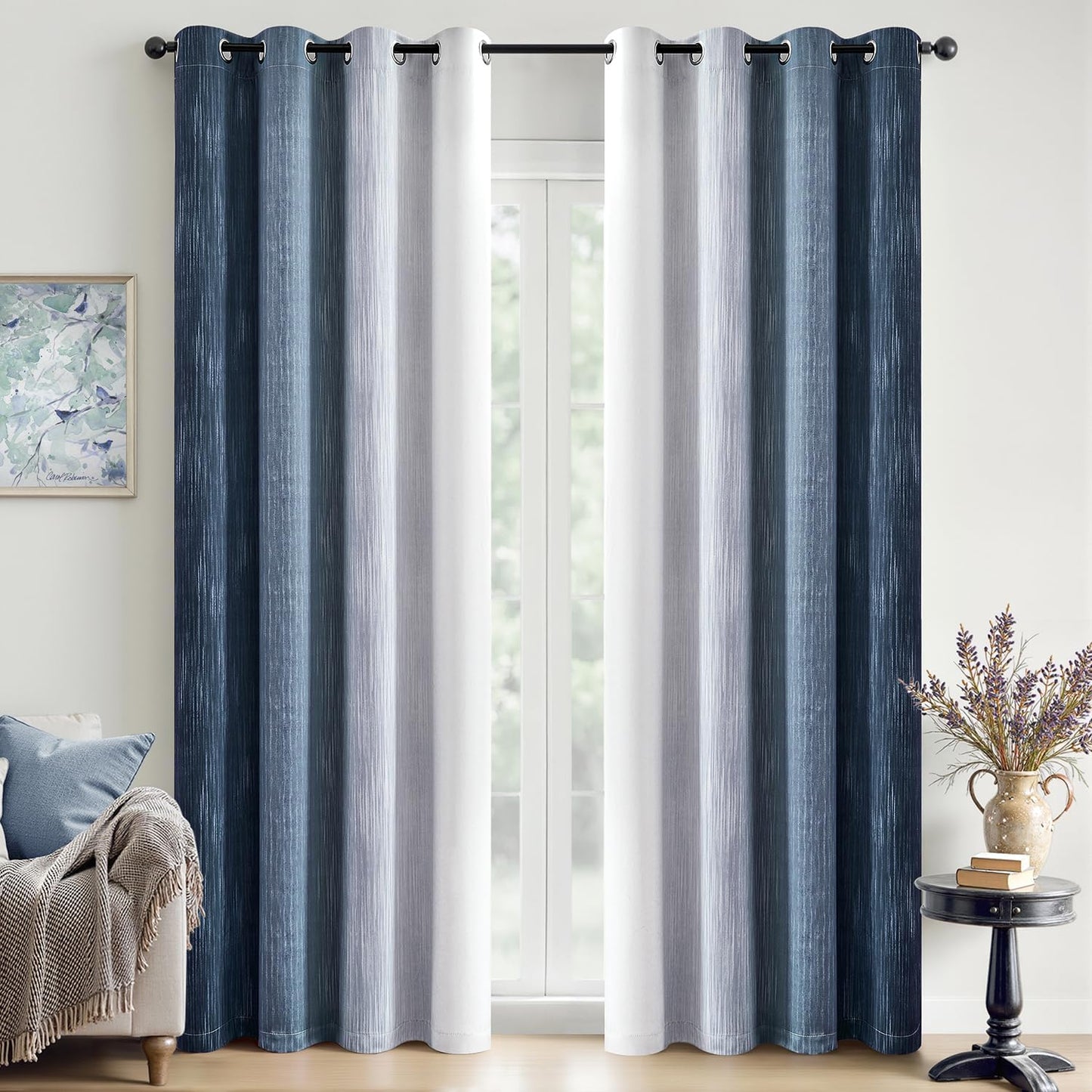 MIULEE Ombre Blackout Curtains - Navy Blue & Grey | Thermal Insulated 84" Drapes for Bedroom & Living Room, Set of 2