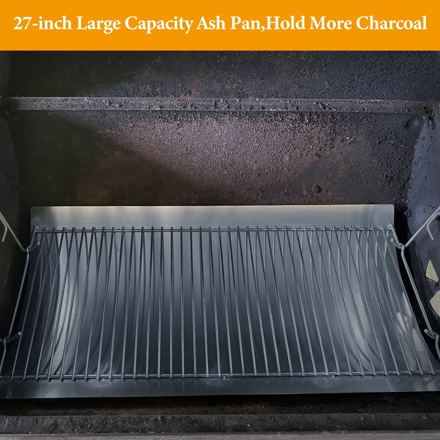 27 Inch Aluminized Steel Ash Pan for Chargriller Charcoal Grills 1224 1324 2121 2222 2727 2828 2929 Replacement Parts with 3pcs Removable Fire Grates and 2pcs Hanger for Charbroil 17302056 Grill