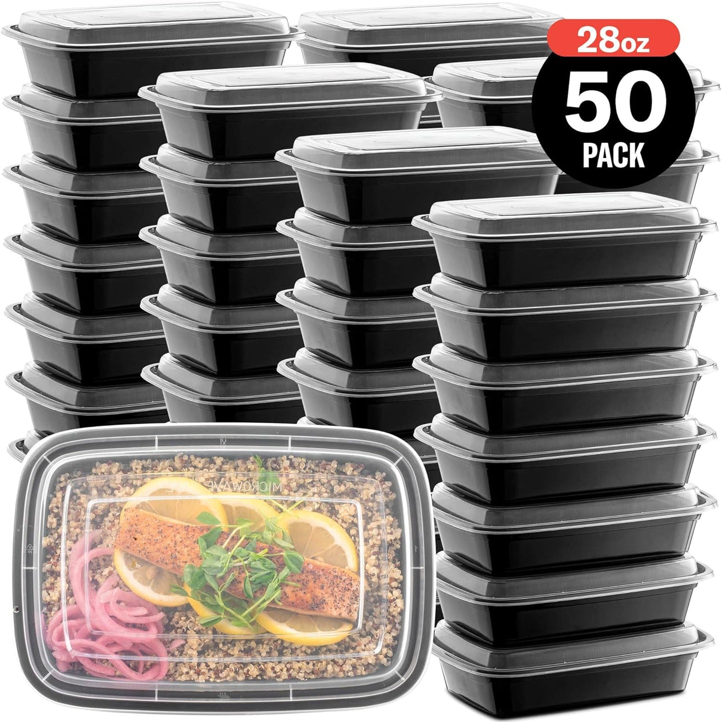 Reusable Meal Prep Containers by [Brand Name] - Microwave Safe 28 oz Food Storage with Lids | 50-Pack, BPA Free