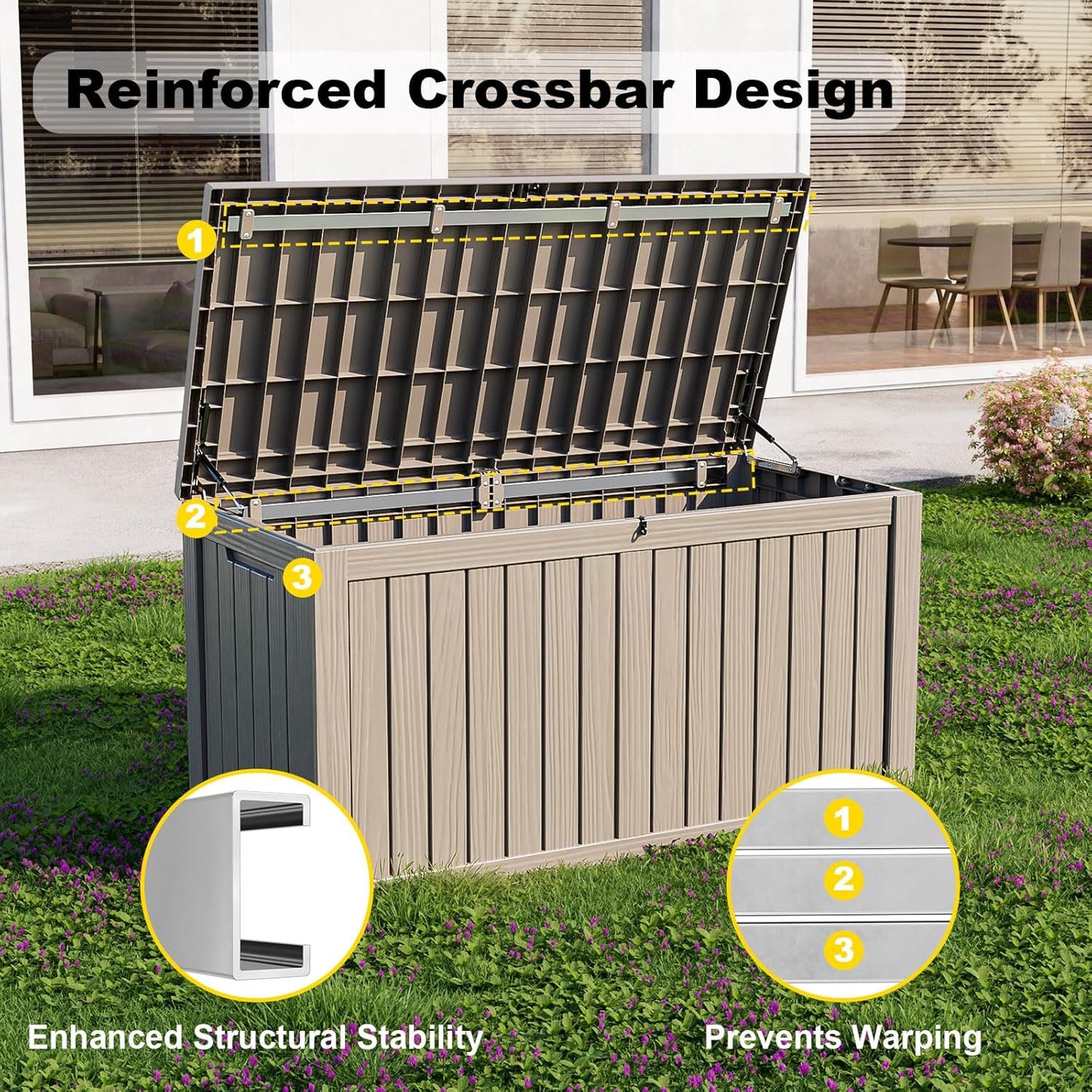 Regine Switzerland 150 Gallon Outdoor Storage Box - Waterproof Resin Deck Box with Lockable Lid for Tools & Garden Organization